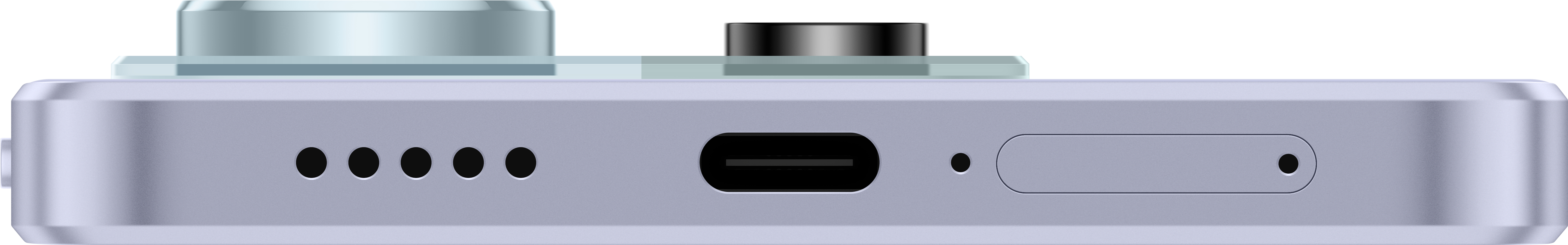 Nahaufnahme der Unterseite eines Telefons mit Lautsprechern, einem USB-C-Anschluss und einem Mikrofon. Das Telefon ist hellblau.