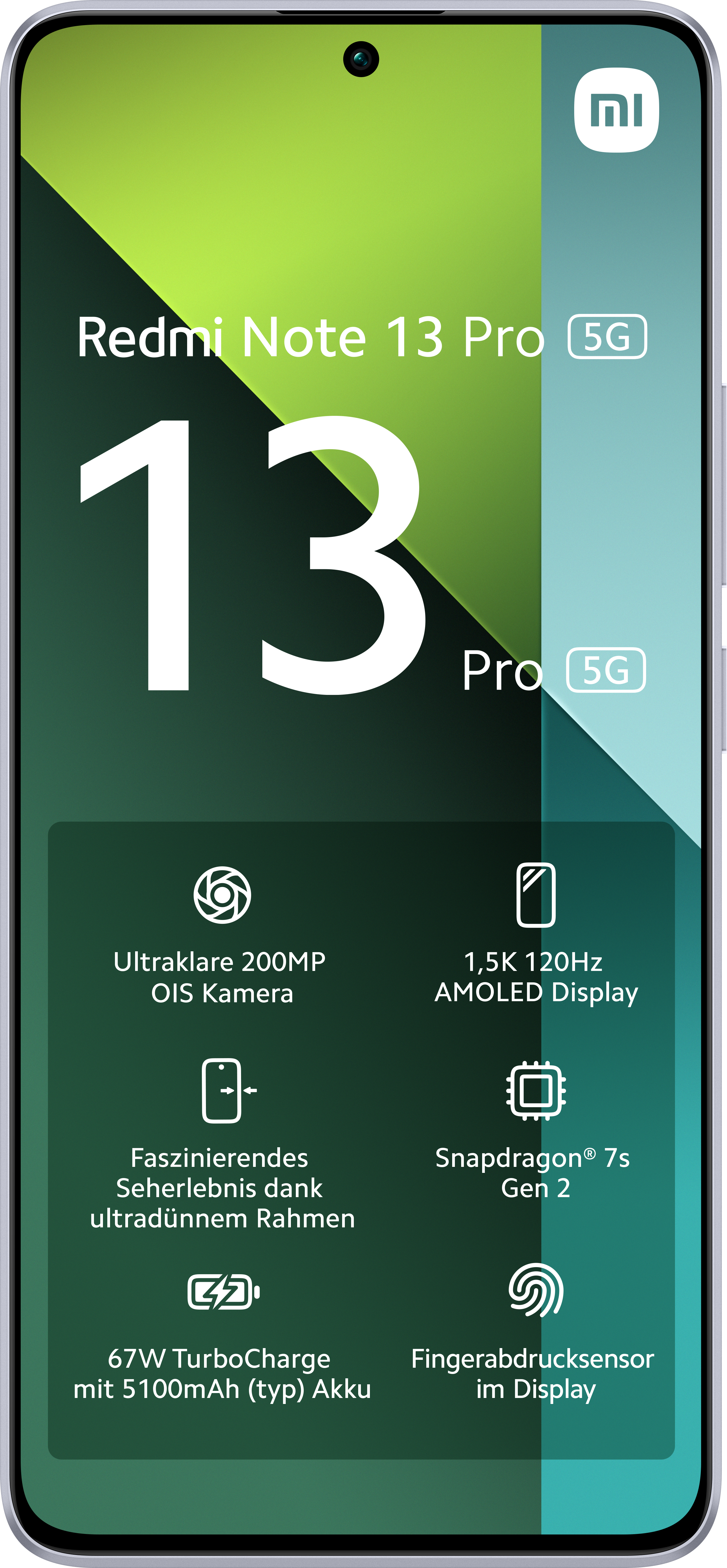 Schwarzes und grünes Smartphone mit Funktionsübersicht. Der Bildschirm zeigt '13 Pro 5G' und Symbole.