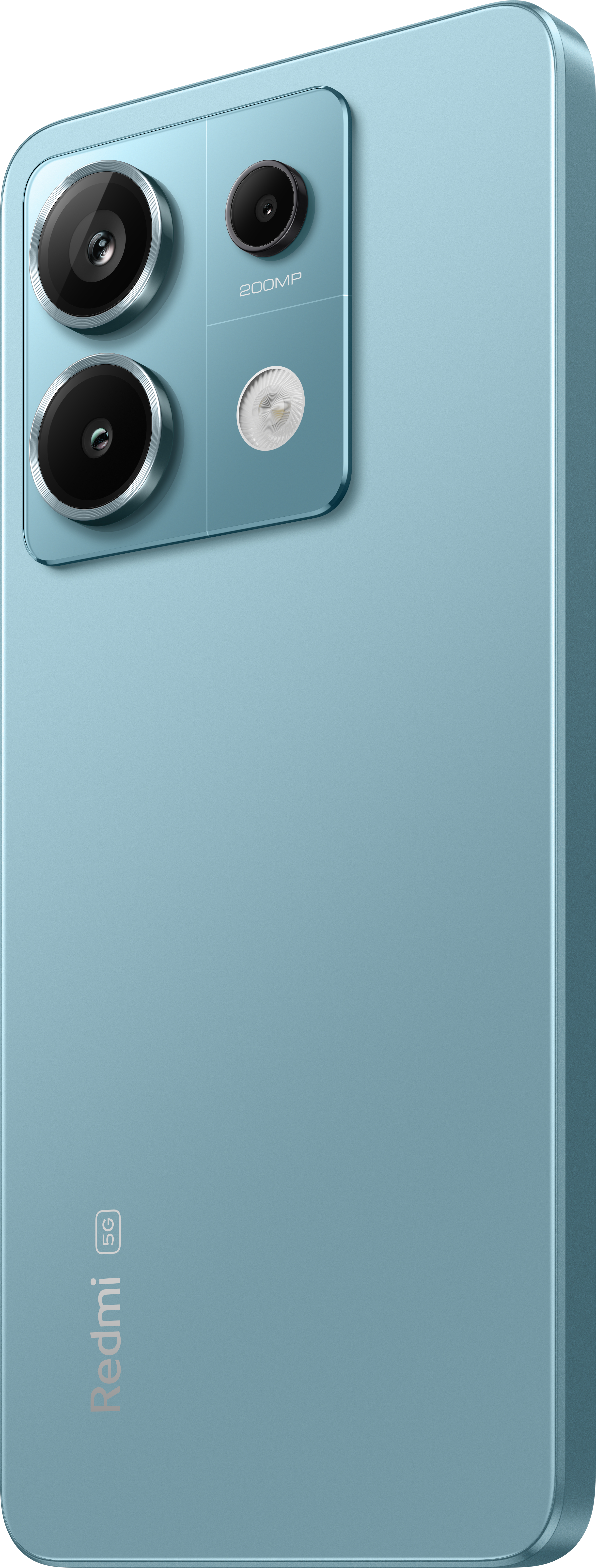 Blaues Smartphone mit mehreren Kameras auf der Rückseite. Das Telefon ist leicht angewinkelt.
