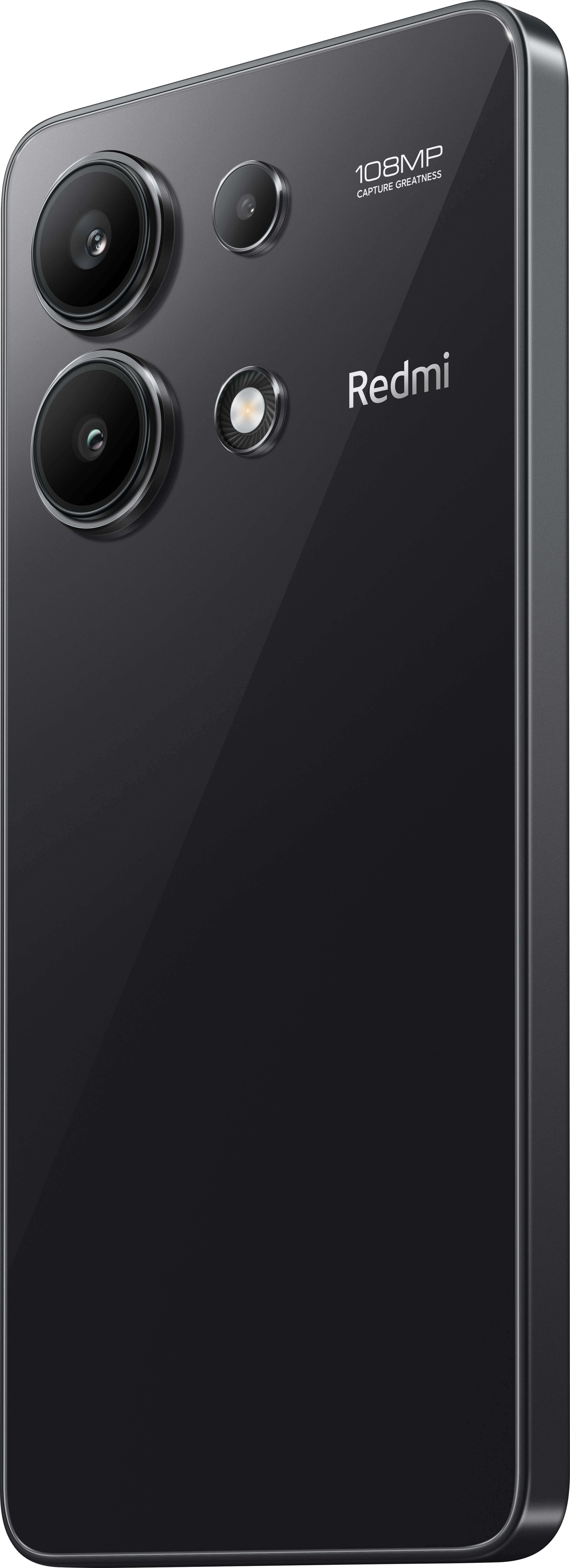 Rückansicht eines schwarzen Smartphones mit Dreifachkamera und Redmi-Logo.