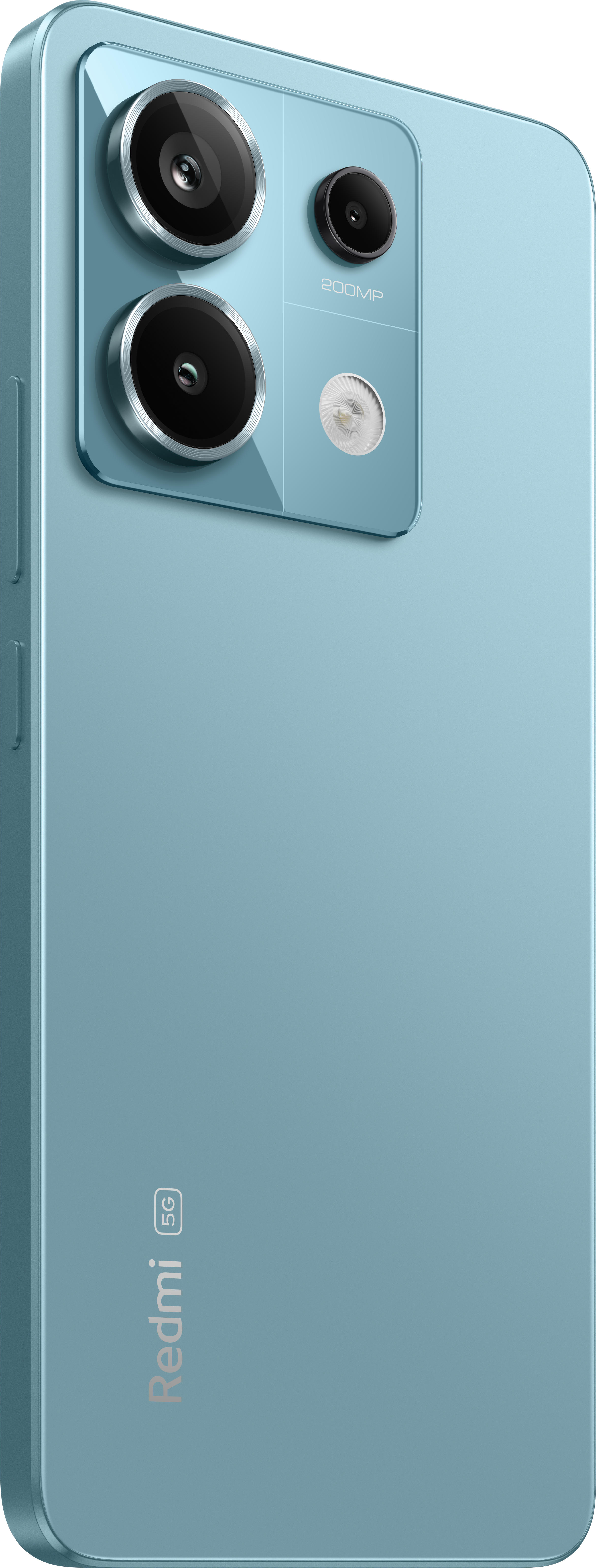 Hellblaues Telefon mit drei Rückkameras, schwarze Linsen.