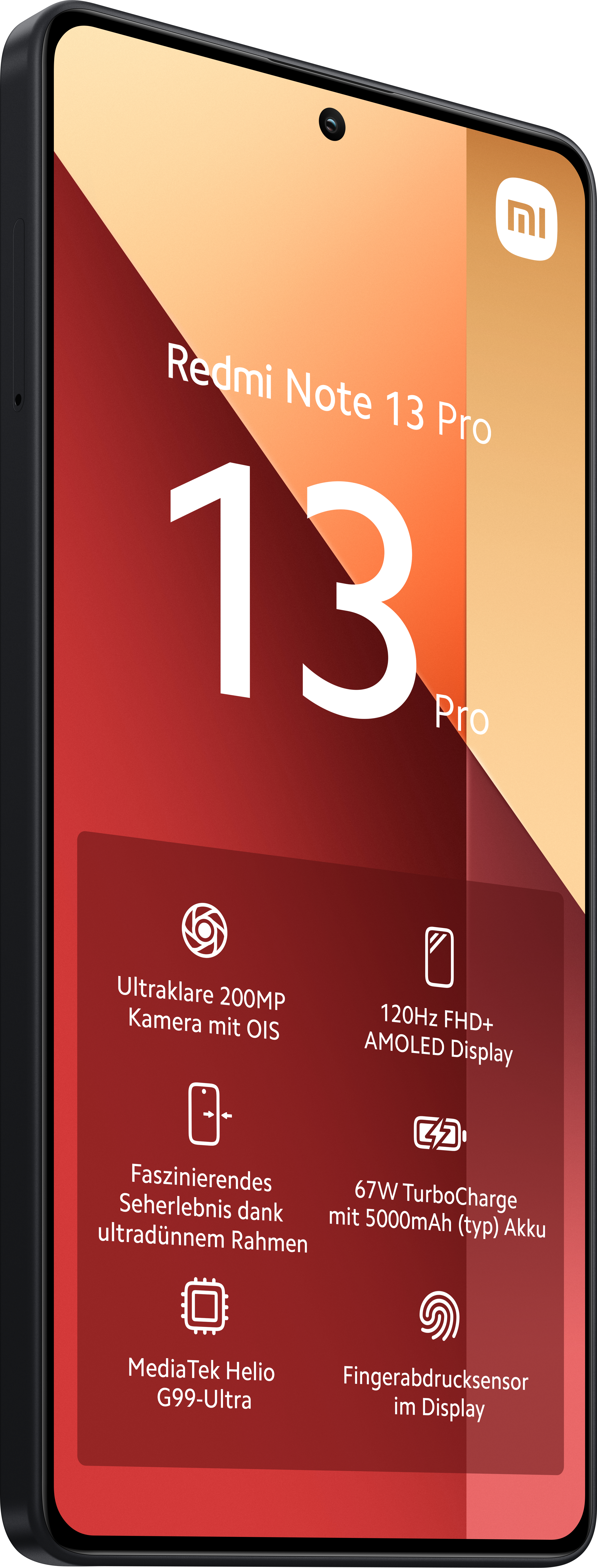 Redmi Note 13 Pro-Telefon mit schwarzem Rahmen und Funktionen, die in einer Oberfläche angezeigt werden.