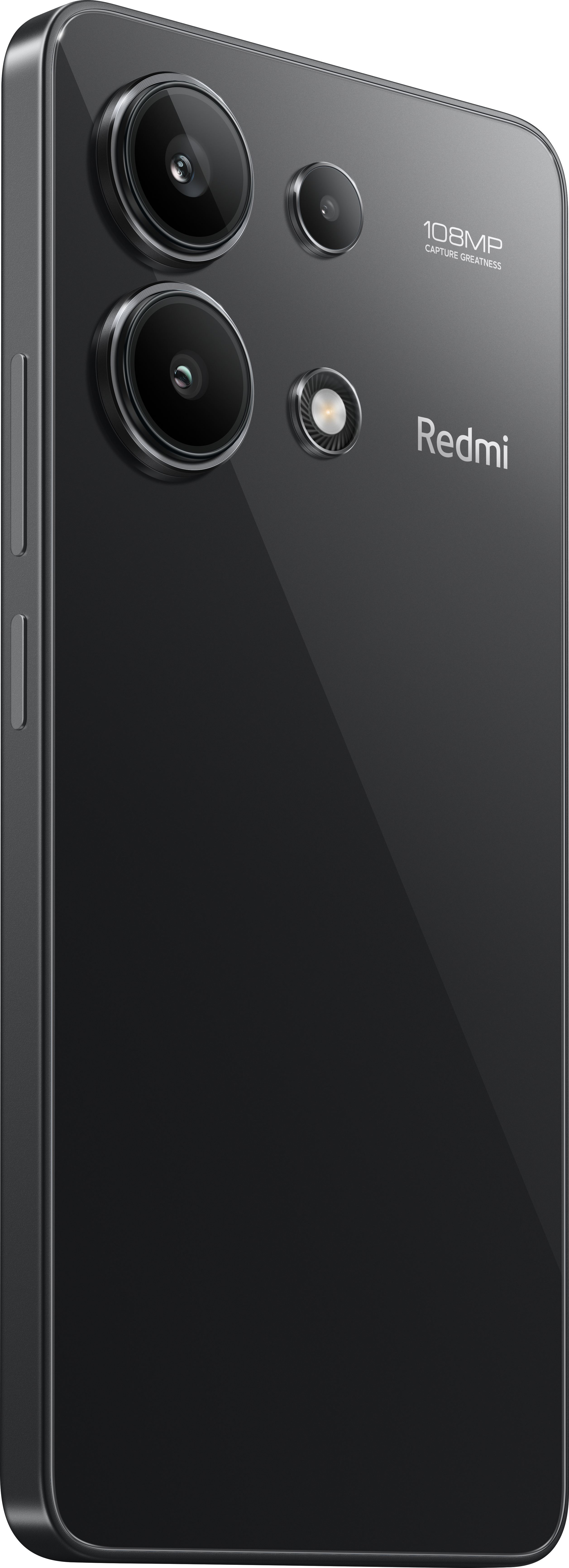 Schwarzes Redmi-Telefon, abgewinkelt, um die Rückseite mit drei Kameras und die Seite zu zeigen. Das Telefon ist elegant.