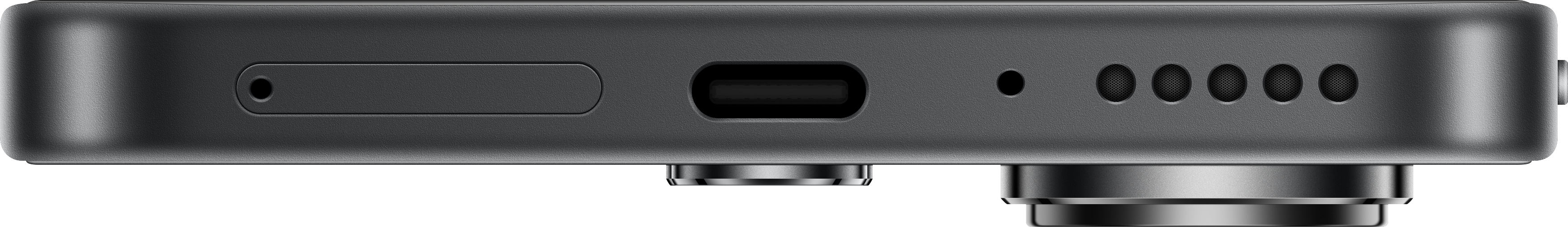 Nahaufnahme der Unterkante des Telefons. Zeigt USB-C-Anschluss, SIM-Fach, Lautsprecher und Mikrofon.