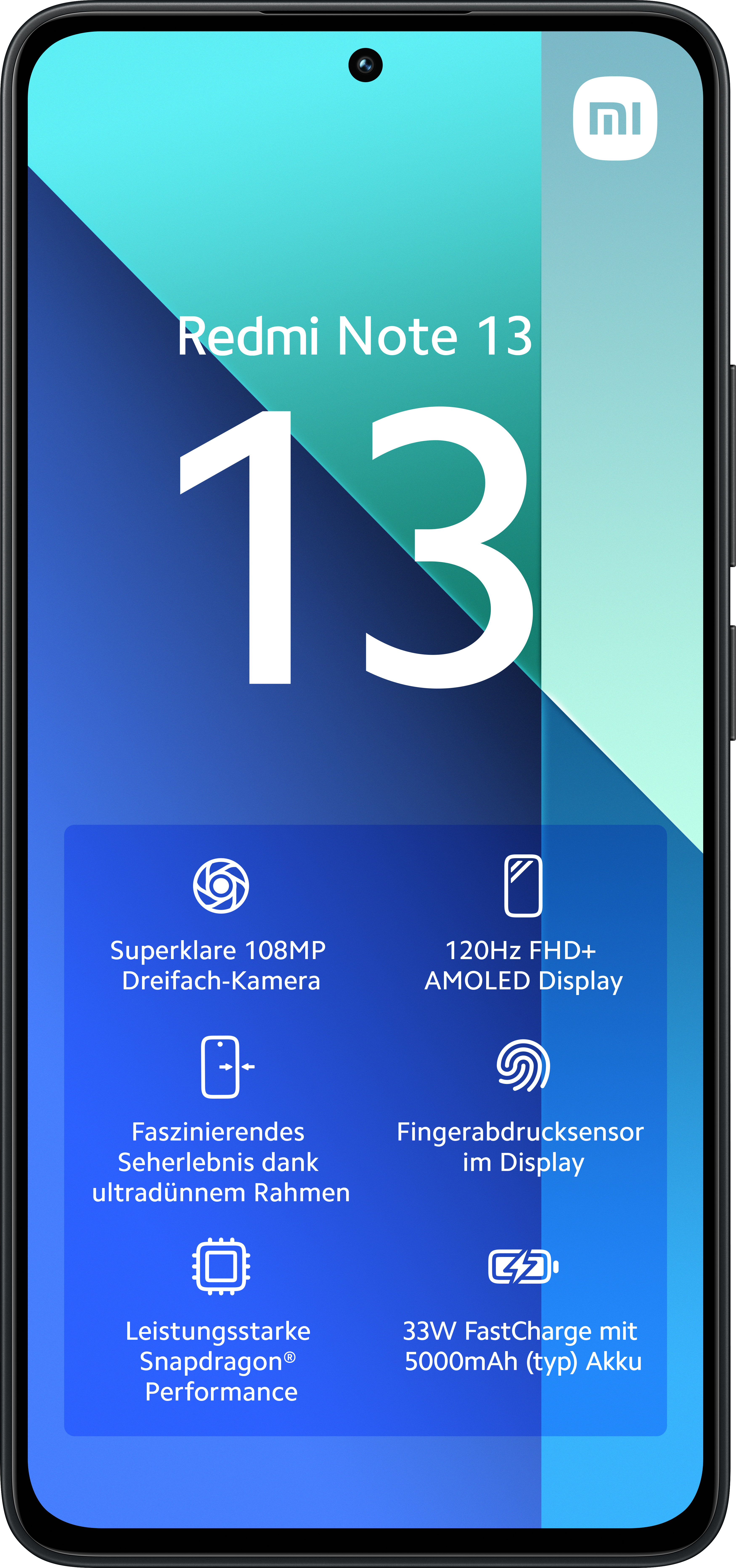 Ein schwarzes Smartphone mit großem Bildschirm, der Produktinformationen anzeigt. Text beinhaltet: 108MP Kamera, 120Hz Display usw.