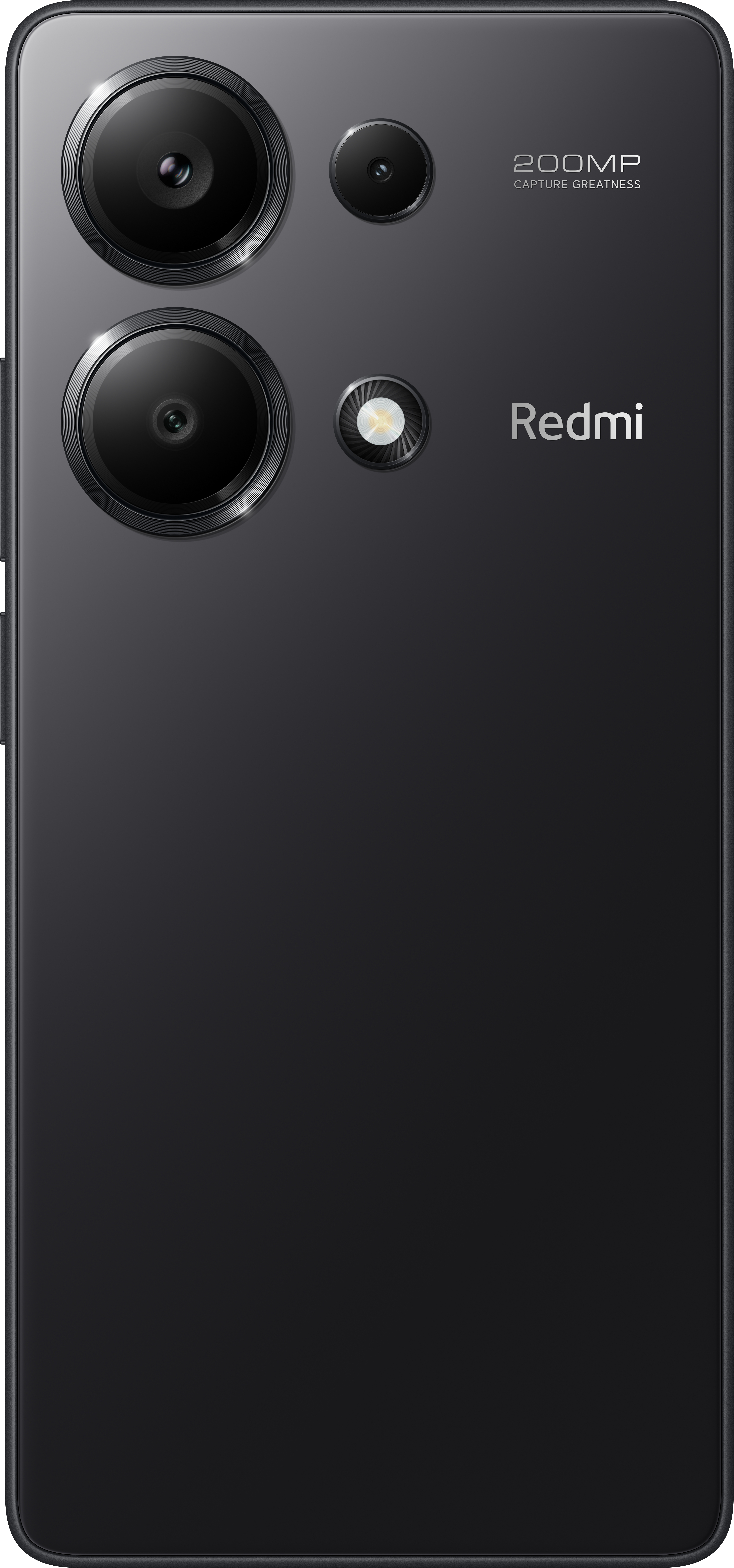 Schwarze Smartphone-Rückseite. Dreifachkamera, Redmi-Logo, 200MP-Detail.