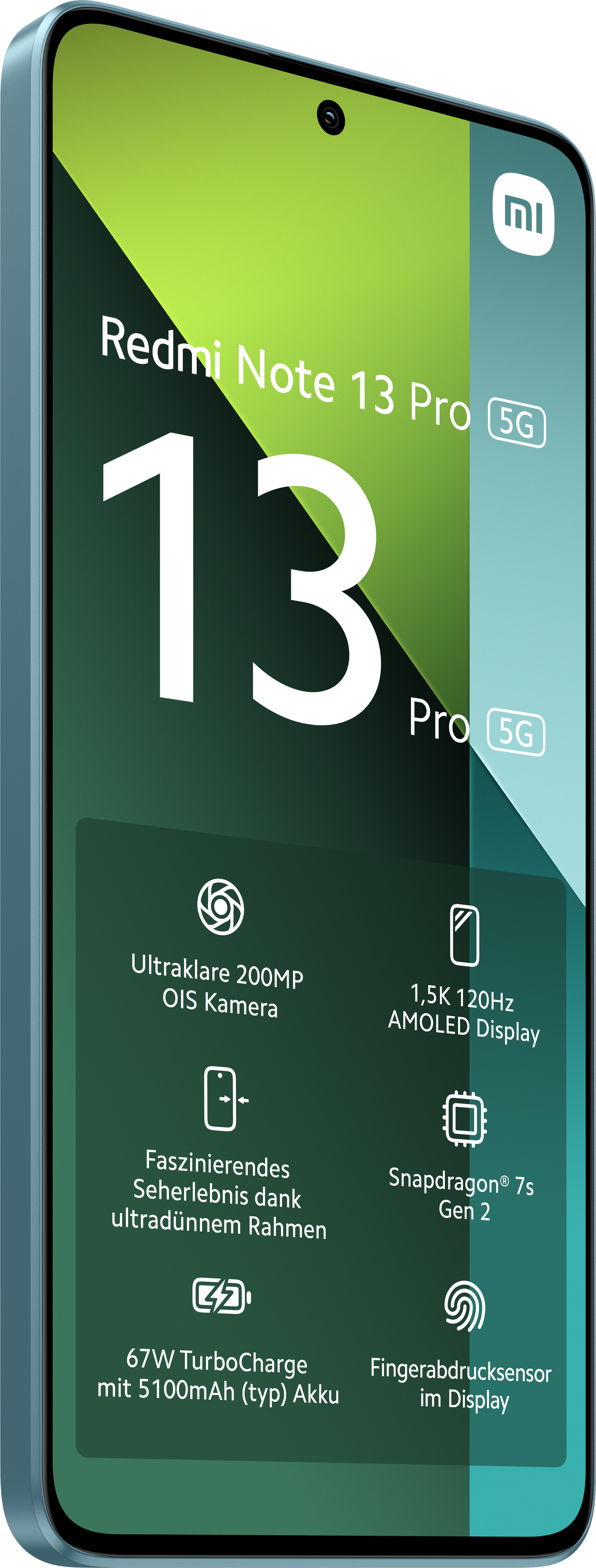 Blaues Smartphone mit Funktionsanzeige, inkl. Kamera-, Bildschirm- und Akku-Info.