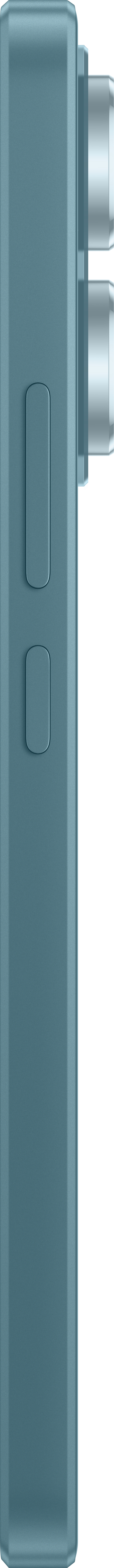 Seitenansicht eines teal-farbenen Telefons mit Knöpfen. Es hat ein schlankes, rechteckiges Design.