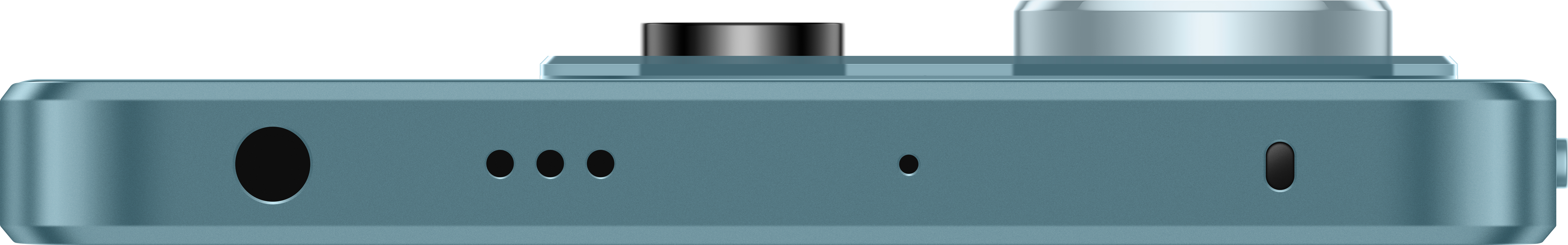 Nahaufnahme der Unterkante eines blauen Smartphones mit Anschlüssen und Kamera.