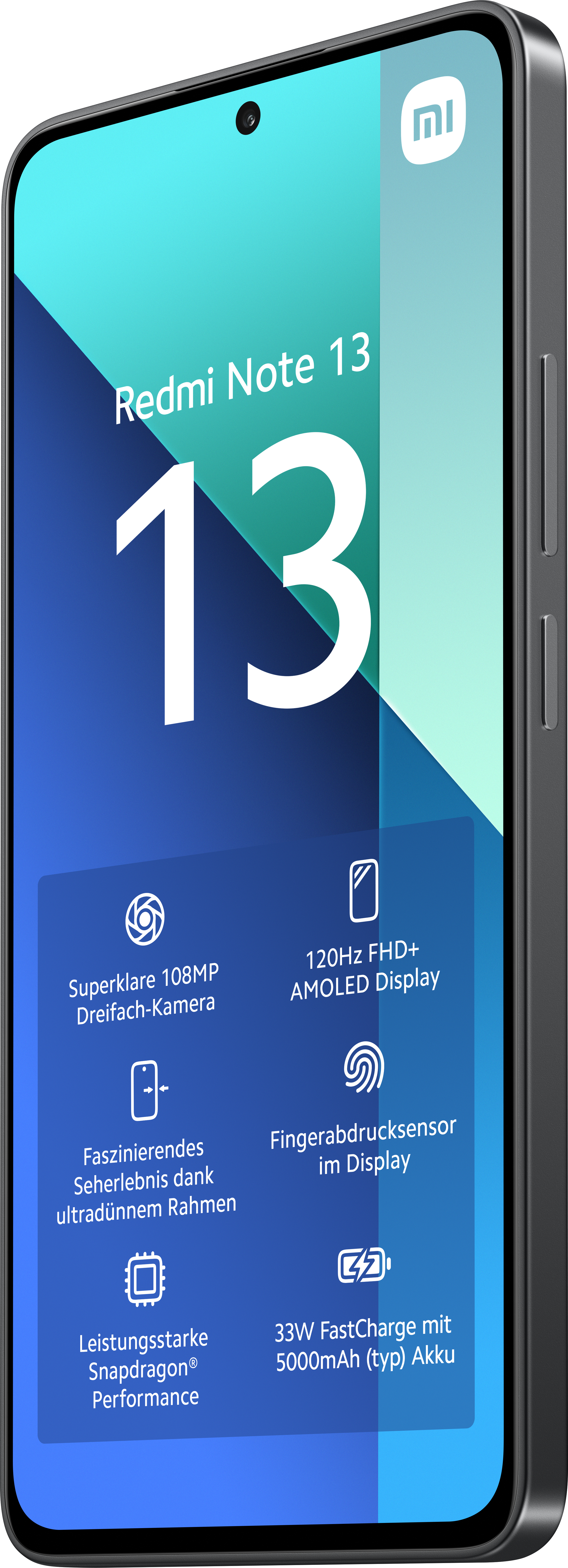Ein schwarzes Telefon mit einer großen '13' auf dem Bildschirm, mit Kamera- und Display-Infos.