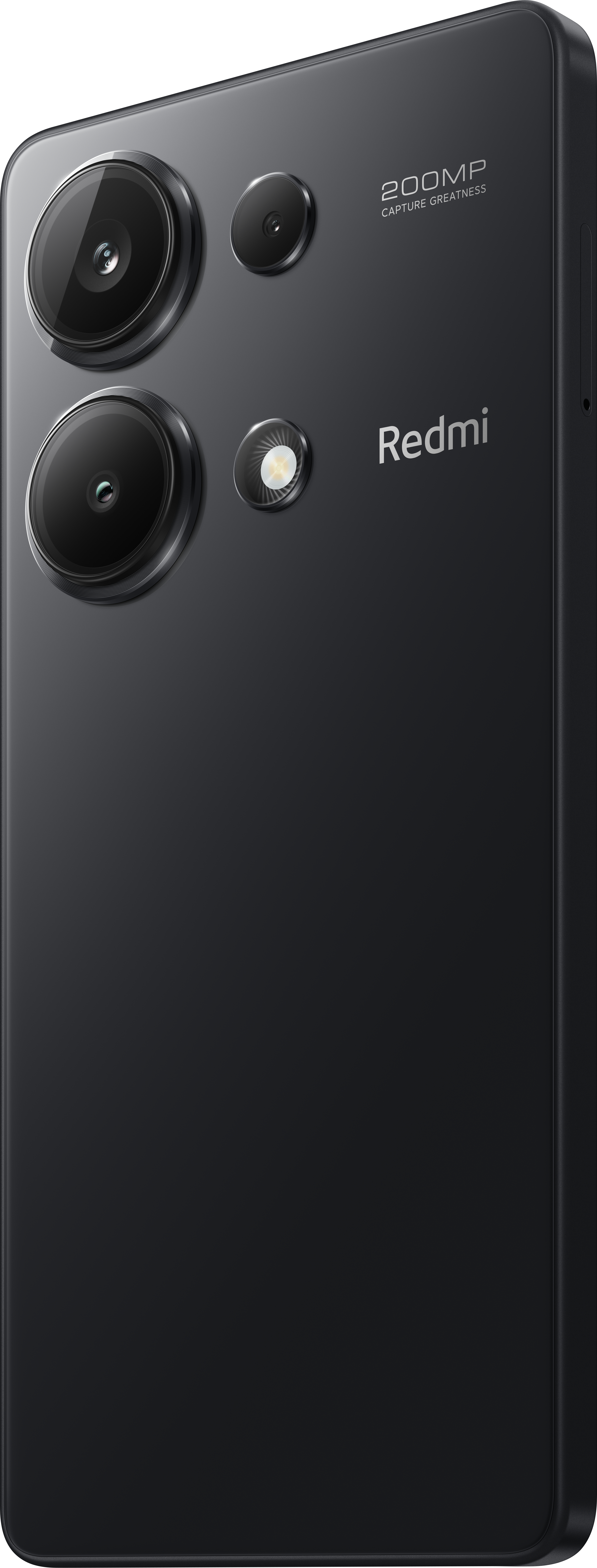 Rückansicht eines schwarzen Redmi-Telefons mit drei Kameras. Der Text sagt Redmi.