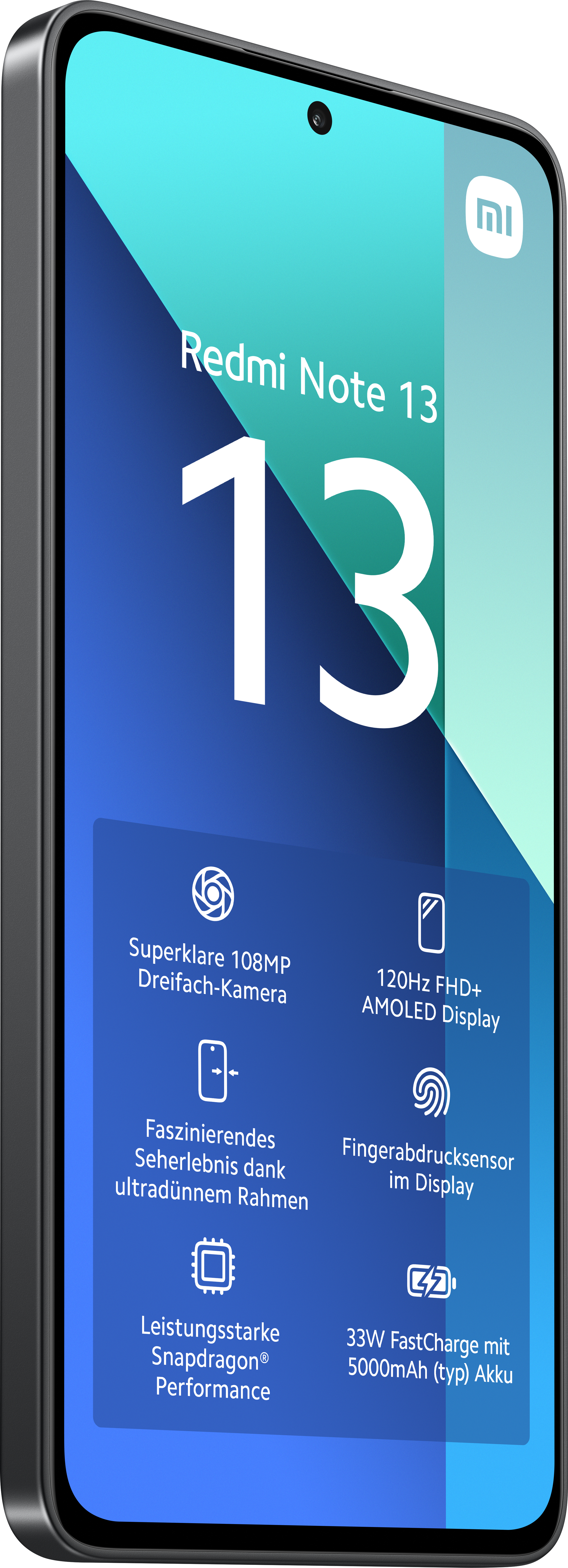 Ein schwarzes Smartphone mit einem blau-weißen Bildschirm, der Funktionen und Text zeigt.