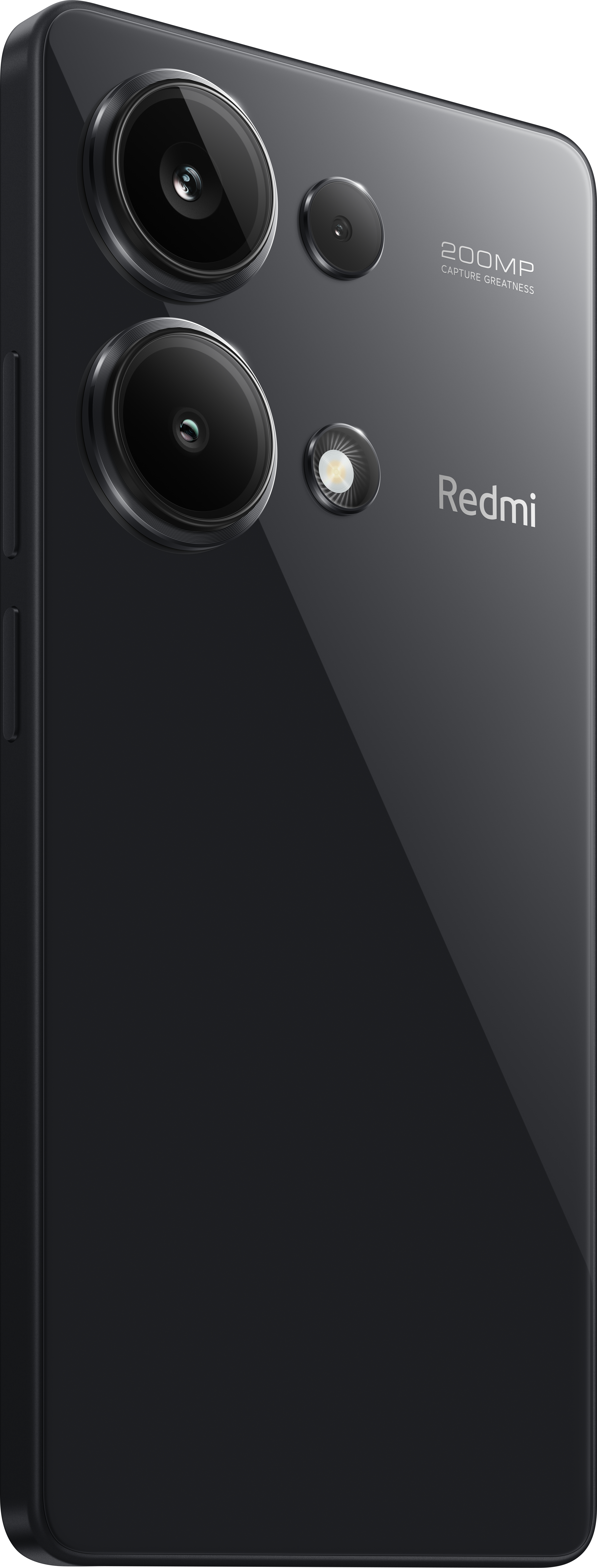 Schwarzes Redmi-Telefon mit drei Rückkameras, graues Redmi-Logo.