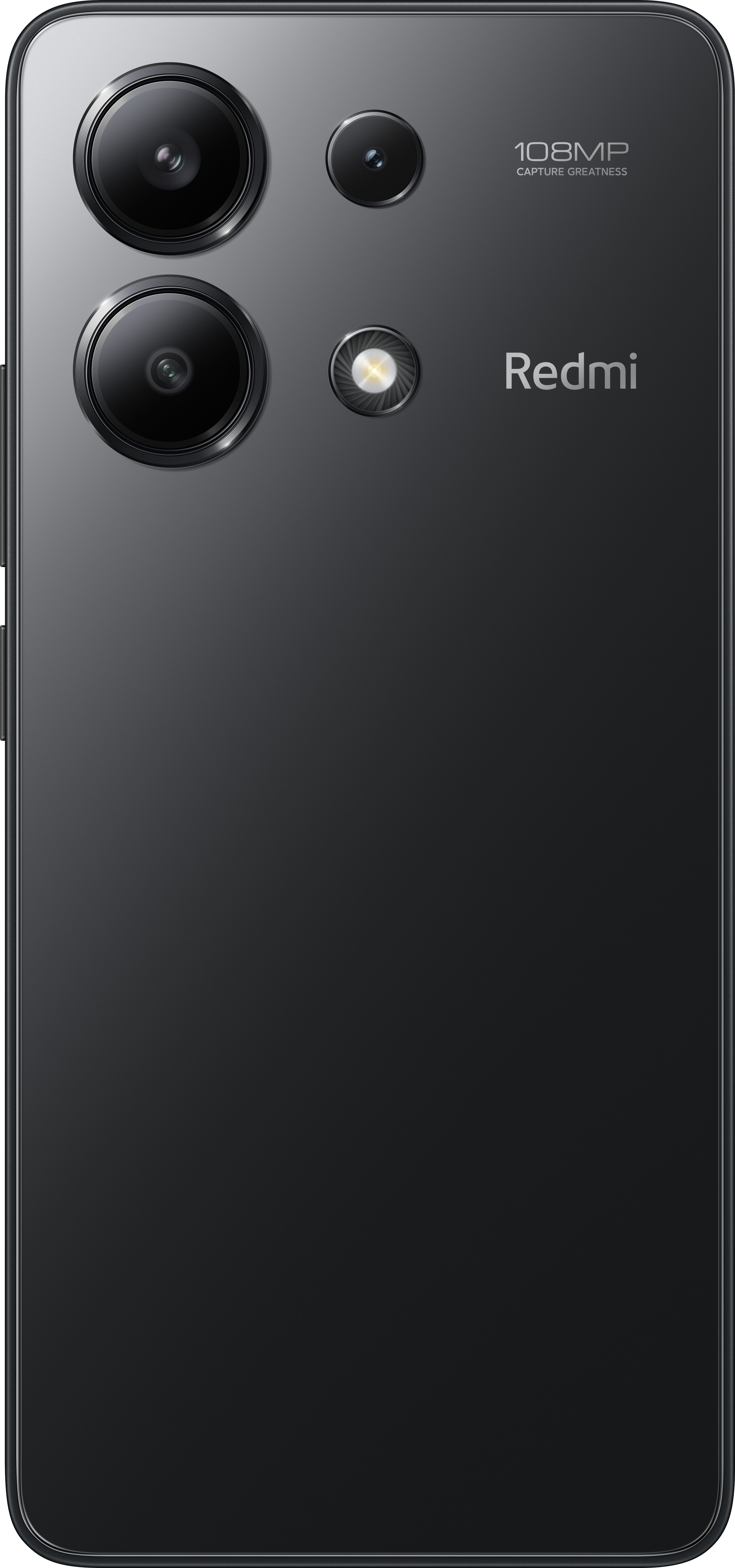 Rückseite eines schwarzen Redmi-Telefons mit drei Kameras und dem Redmi-Logo.
