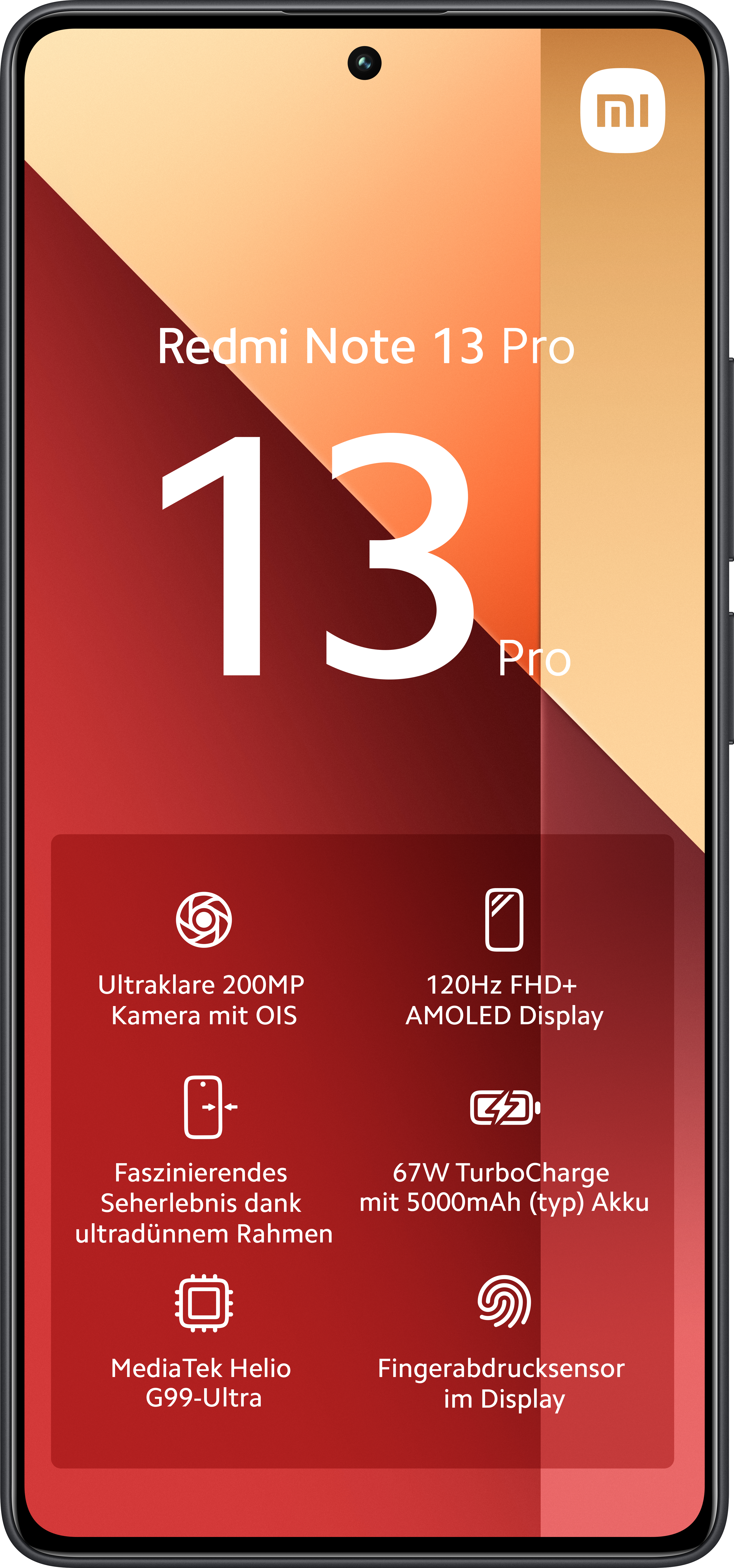 Ein Smartphone mit Text und Symbolen, die seine Funktionen beschreiben. Schwarzer Rahmen.