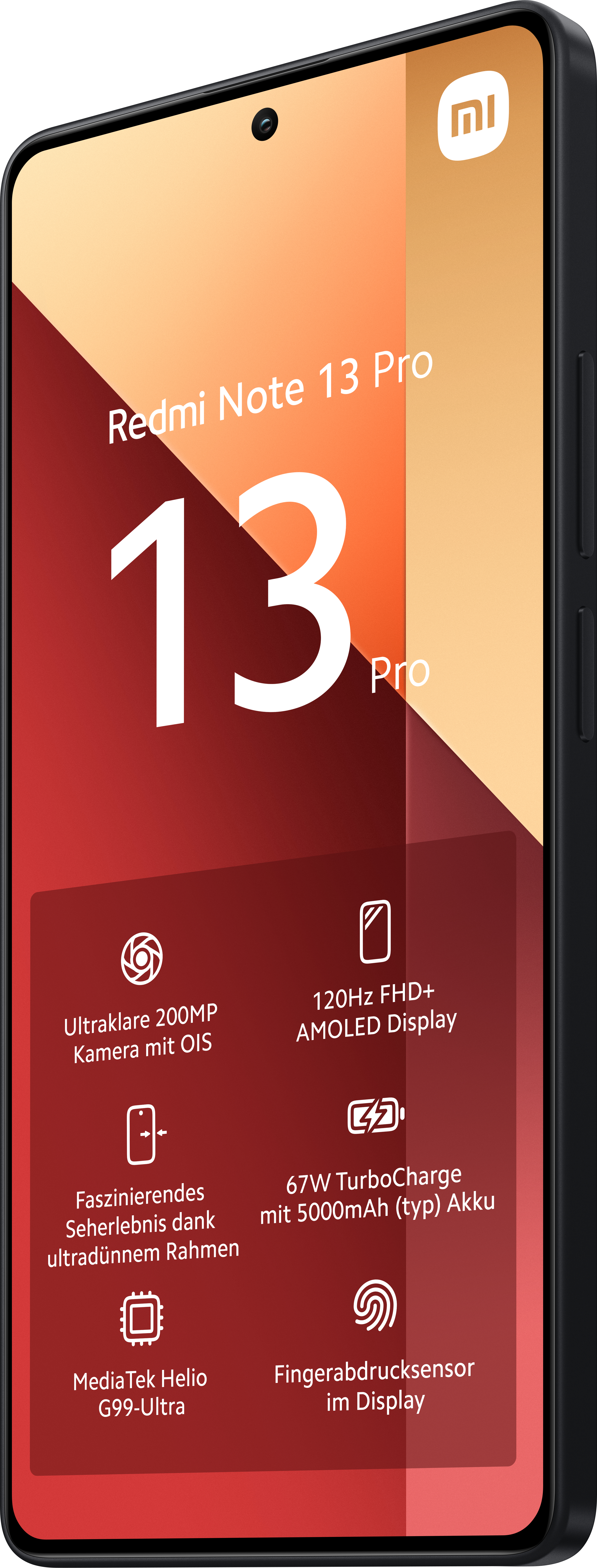 Xiaomi Redmi Note 13 Pro Telefon, schwarz, mit Spezifikationen auf dem Bildschirm, vor weißem Hintergrund.