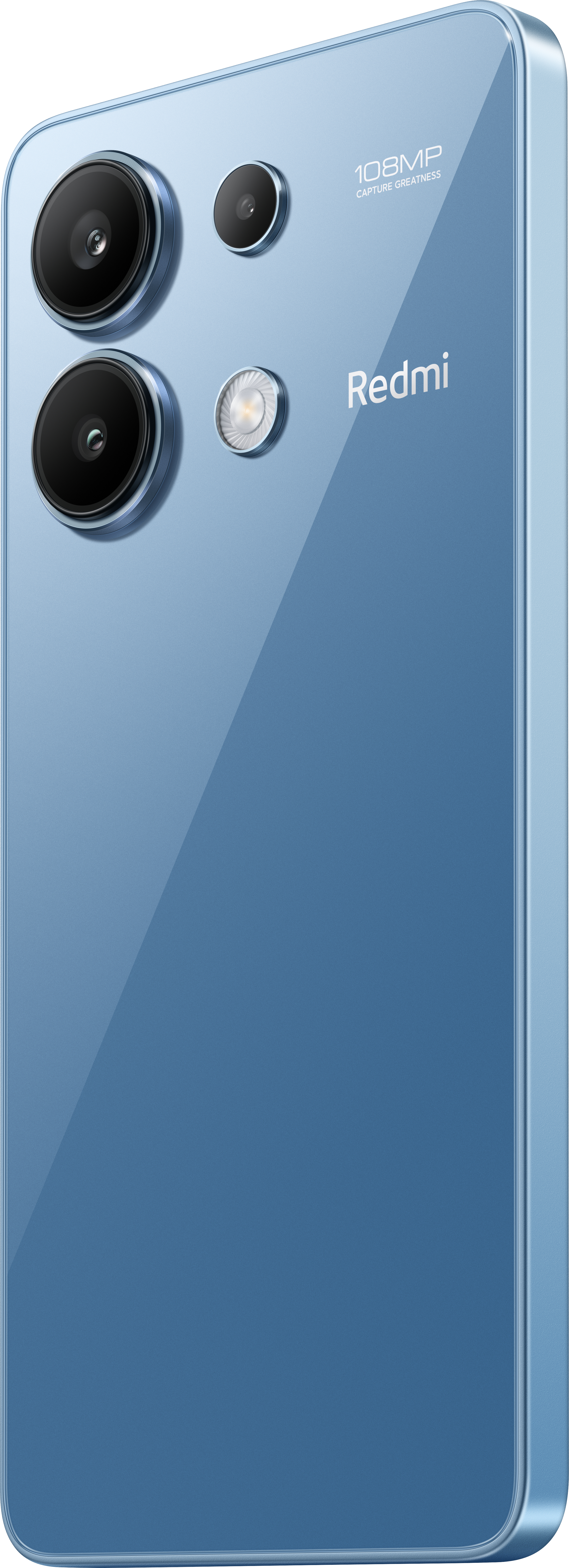 Blaues Smartphone mit Dreifachkamera auf der Rückseite. Redmi-Logo sichtbar.