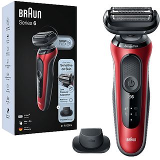 Afeitadora - Braun Series 6 61-R1200S, 3 Cuchillas, Afeitadora eléctrica para barba, EasyClick, Wet & Dry, Rojo