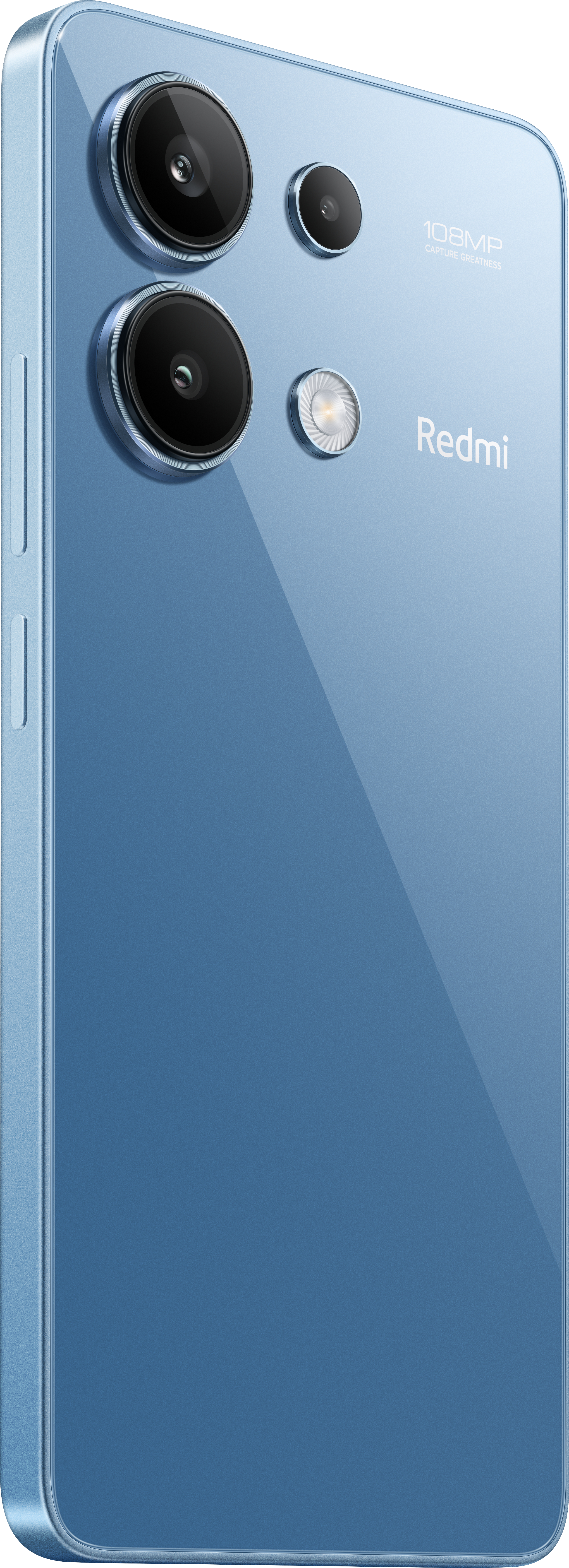 Blaues Smartphone, Rückansicht, mit Dreifachkameras und 'Redmi' Logo.