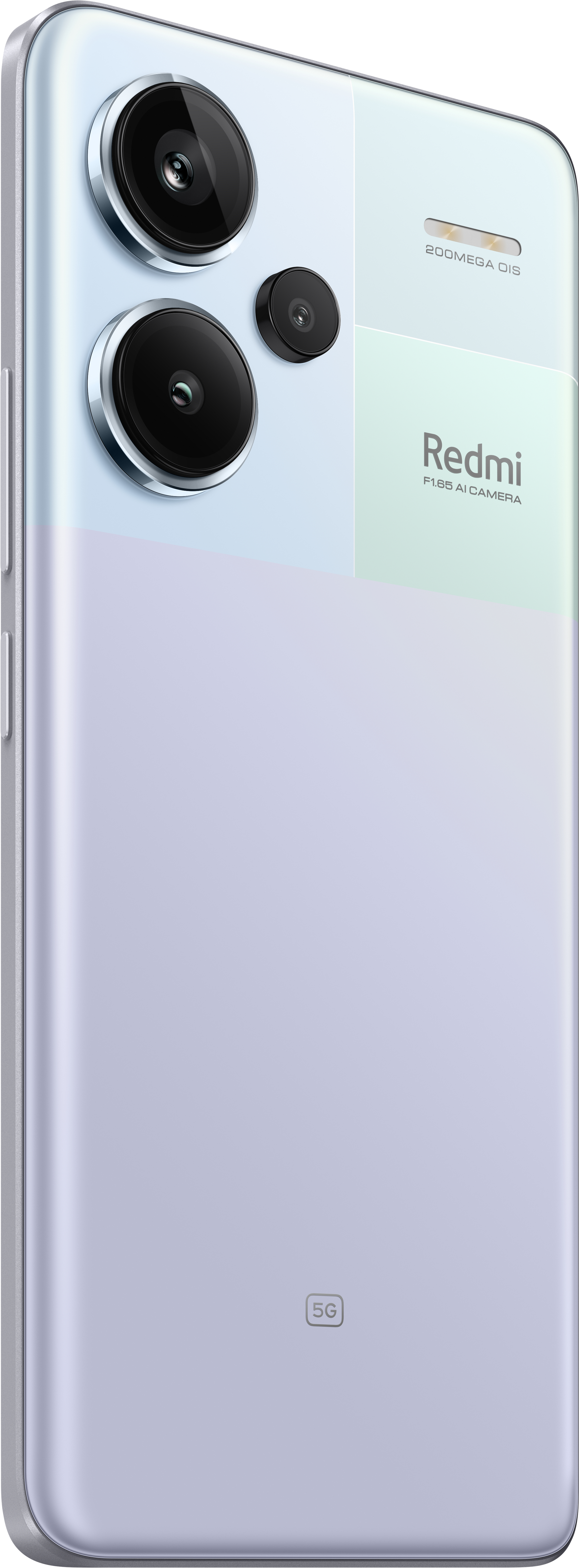 Ein hellblau-silbernes Smartphone mit drei Kameras ist von hinten zu sehen.