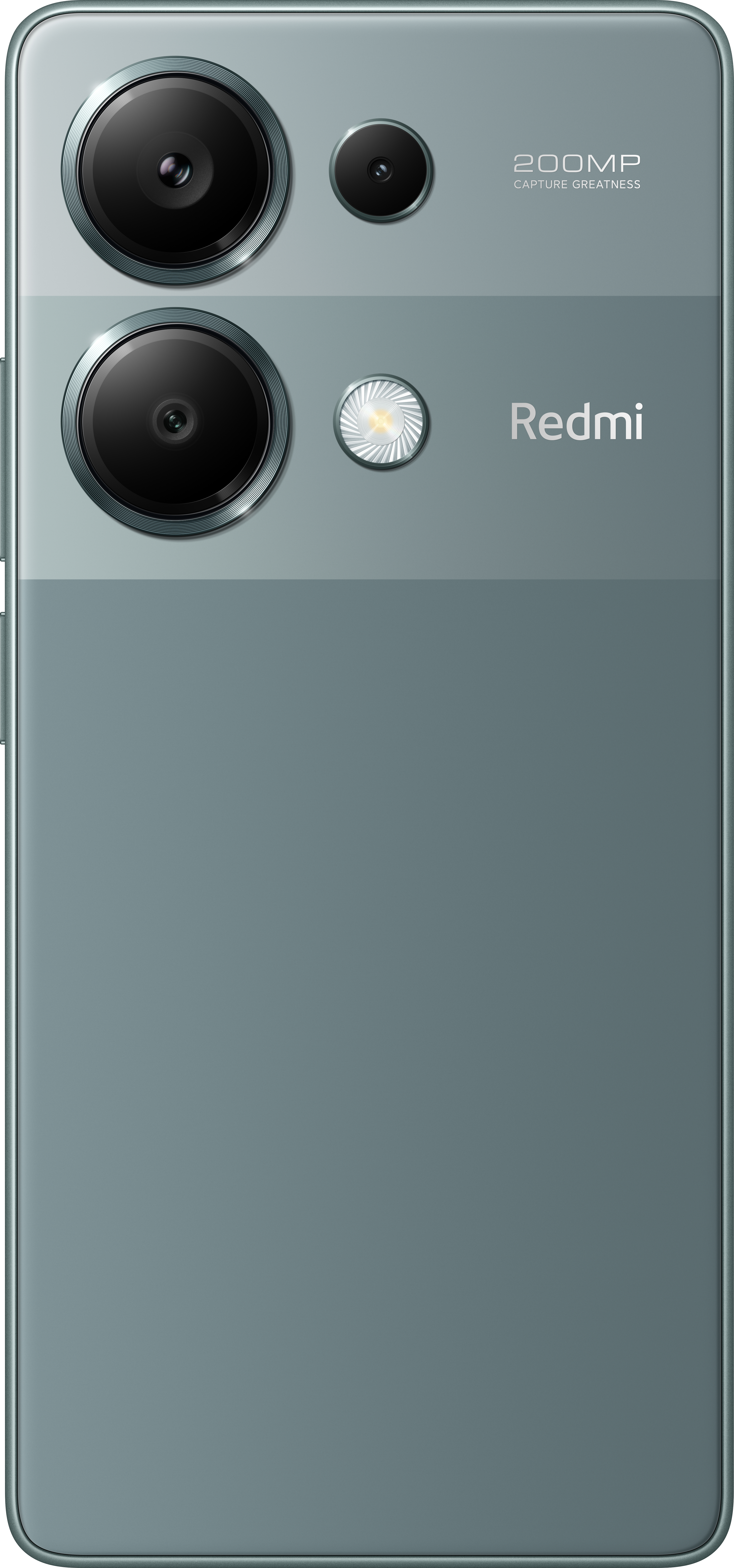 Rückseite eines grünen Telefons mit drei Kameras und dem Redmi-Logo auf grauem Hintergrund.