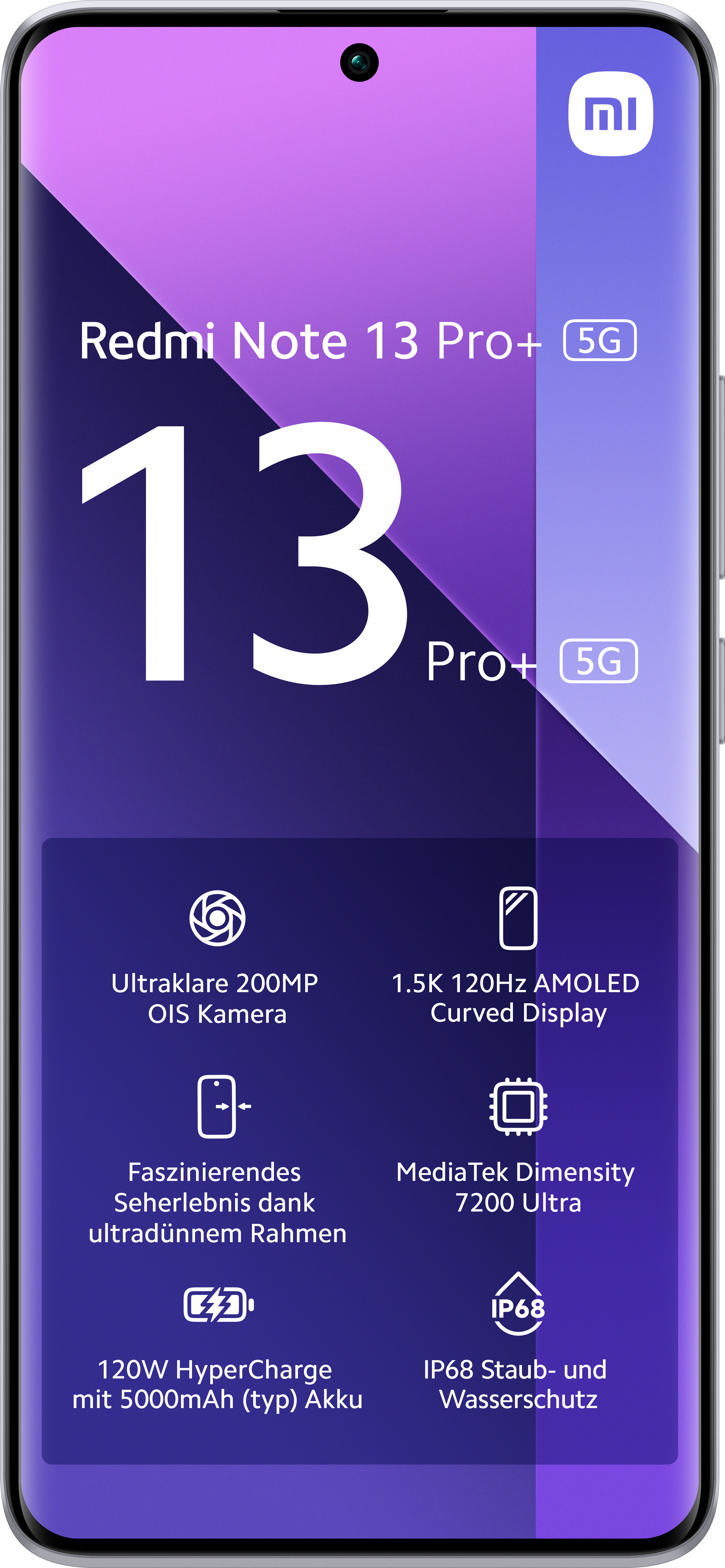 Lila Redmi Note 13 Pro+ 5G Telefon. Großes Display mit Spezifikationen und Redmi-Logo.