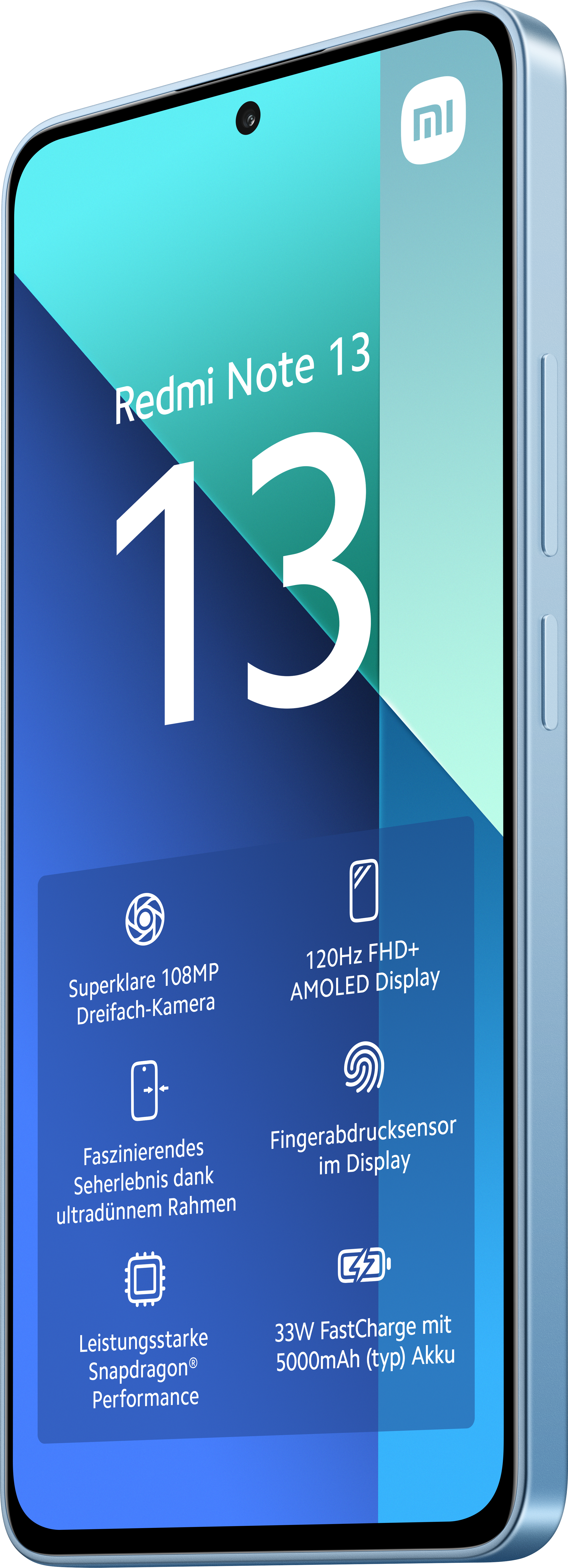 Blaues Telefon mit einem Bildschirm, der Informationen anzeigt. Es hat eine Dreifachkamera und einen Fingerabdrucksensor.