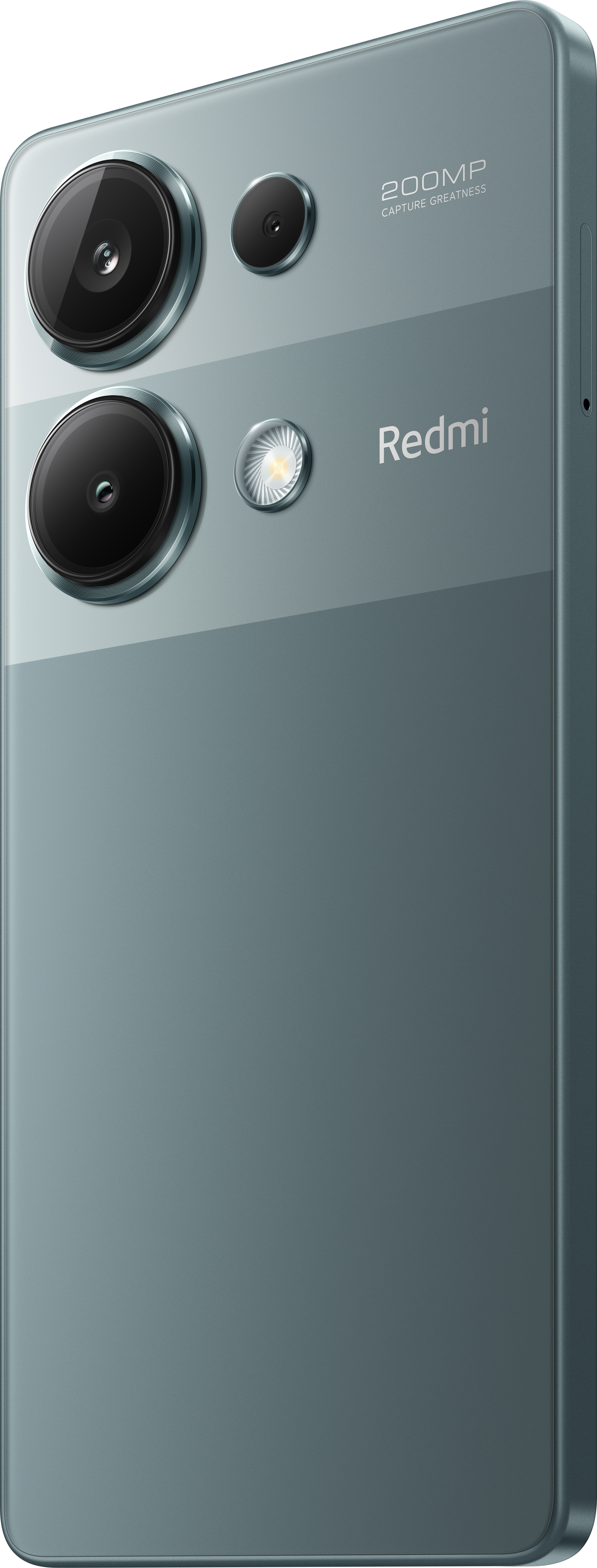 Ein türkisfarbenes Smartphone mit drei Kameralinsen und dem Redmi-Logo.