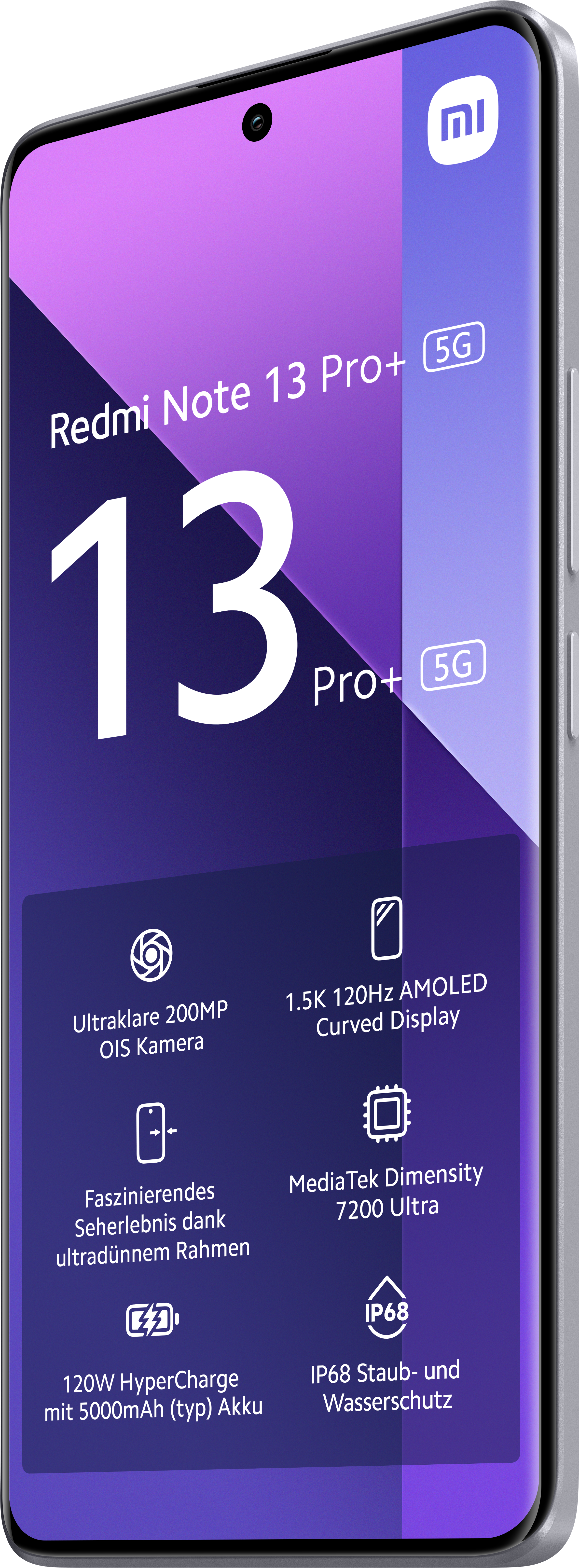Redmi Note 13 Pro+ 5G Smartphone, lila Farbverlauf, mit hervorgehobenen Funktionen, Seitenansicht.