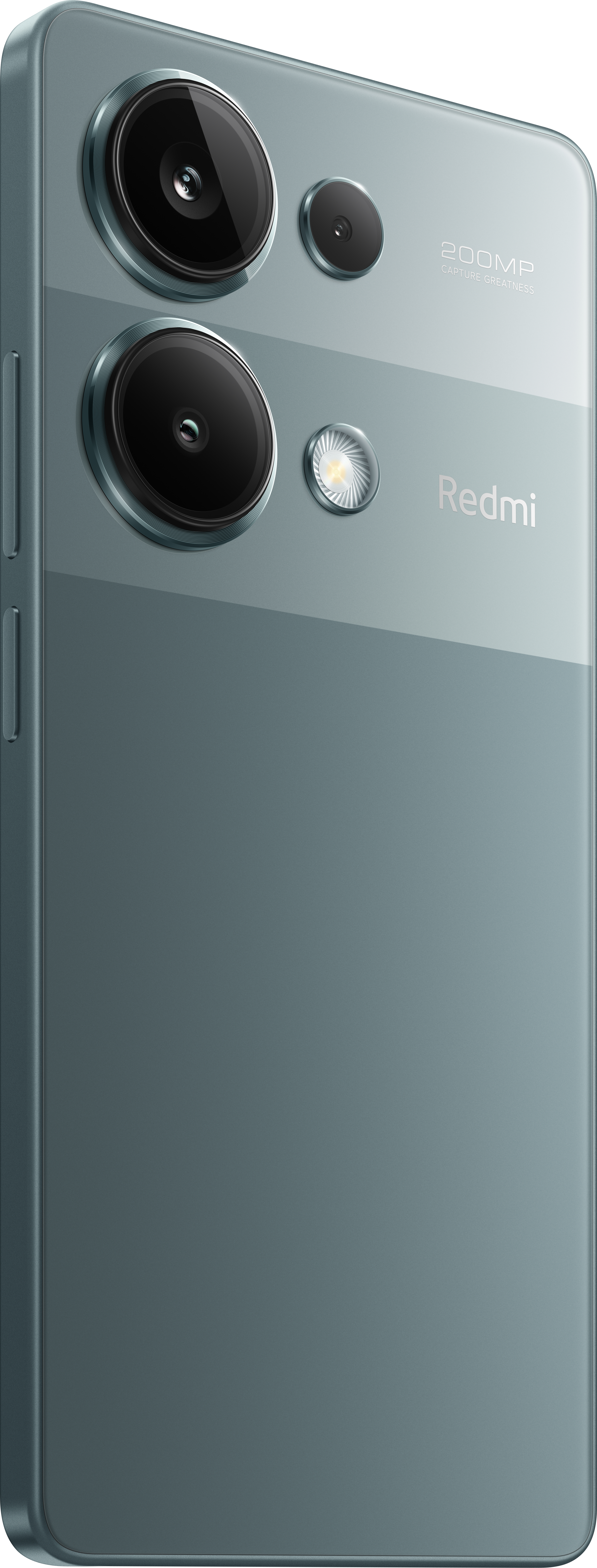 Ein tealfarbenes Telefon mit Kameraanordnung, der Markenname Redmi ist auf der Rückseite sichtbar.