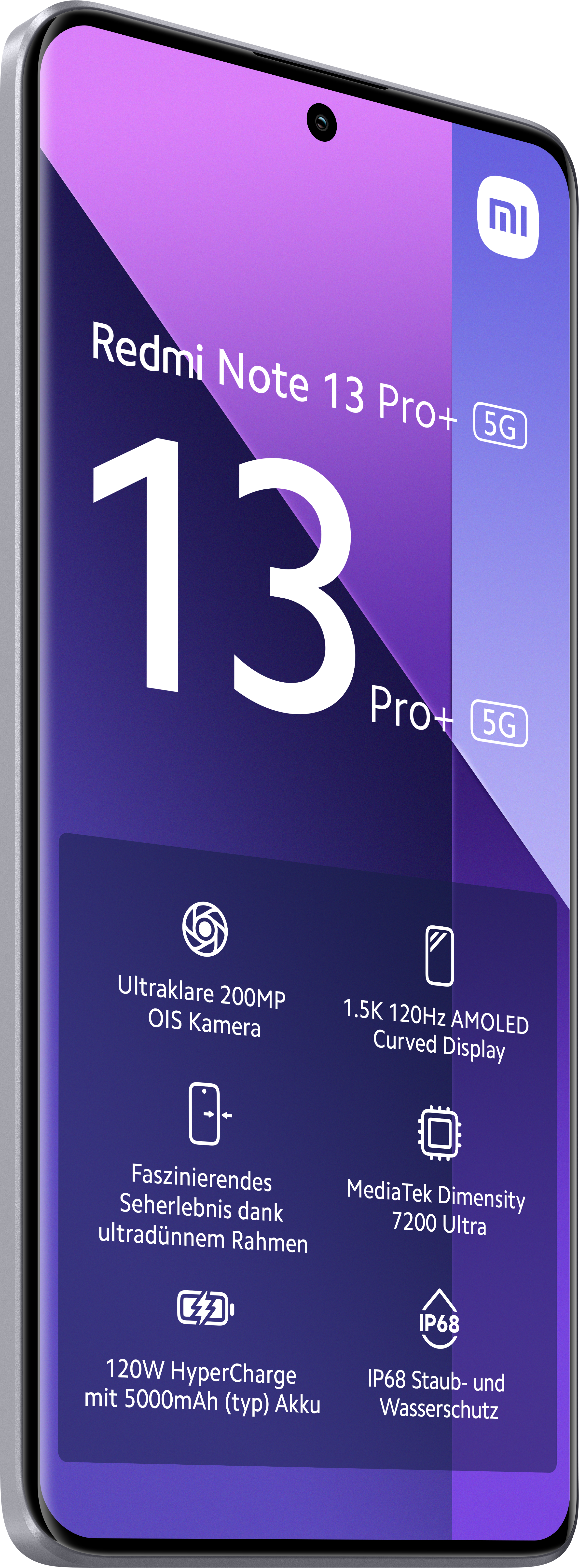 Redmi Note 13 Pro+ Telefon, abgewinkelt, mit Text.