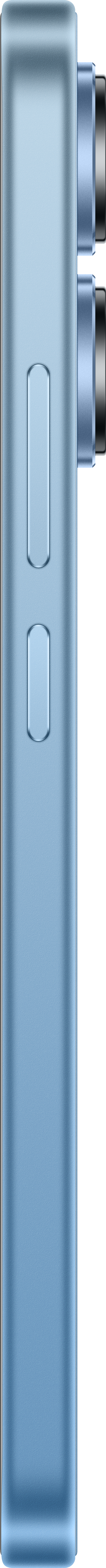 Seitenansicht eines blauen Smartphones mit Tasten und Kameralinsen.
