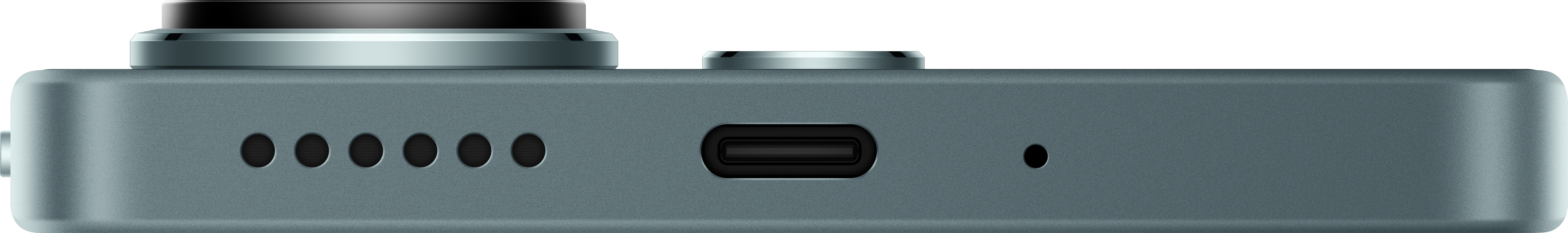 Seitenansicht eines teal Smartphones mit Kameraobjektiven, Knöpfen und einem Ladeanschluss.