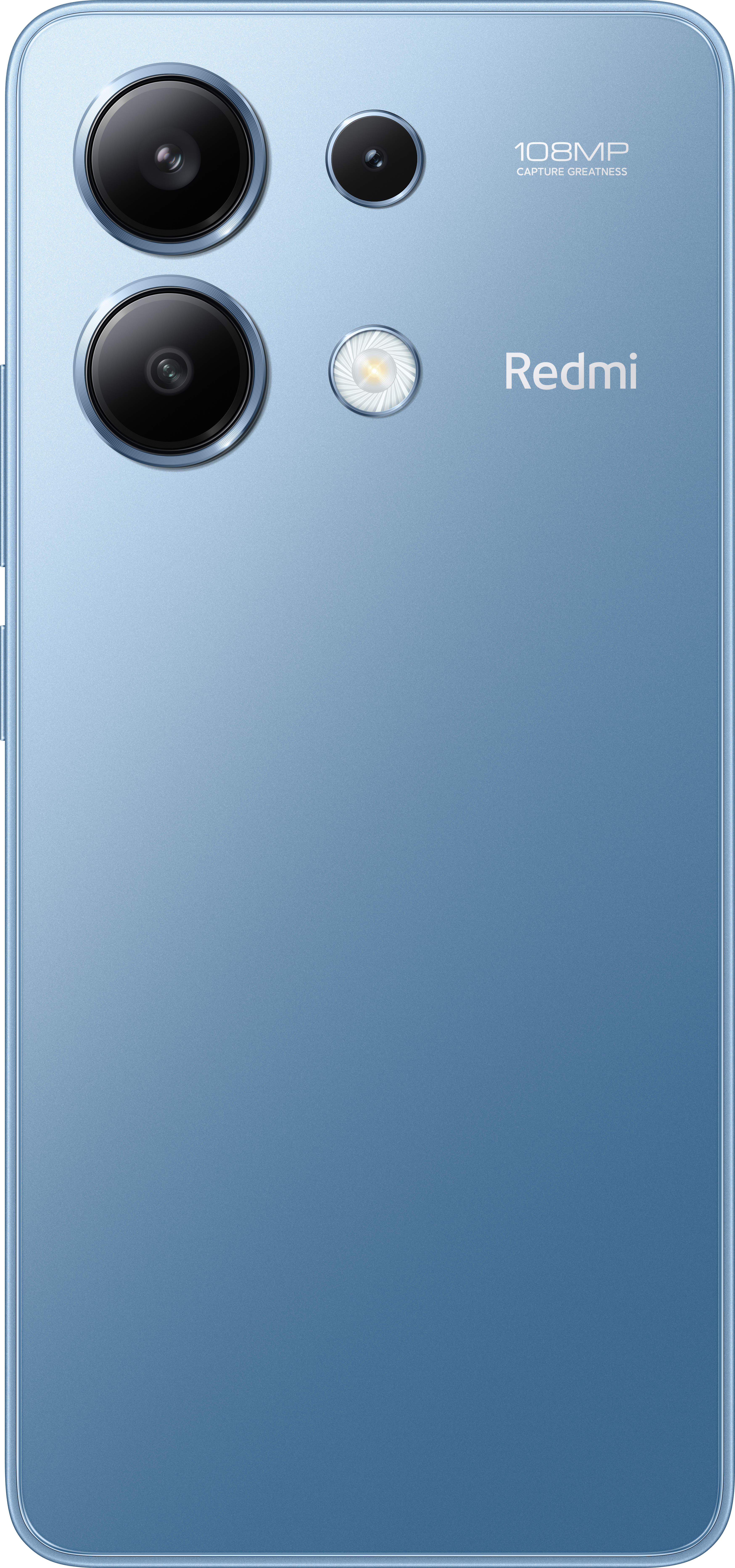 Blaues Telefon mit drei Kameras und dem Text 'Redmi'. Der Hintergrund ist grau.