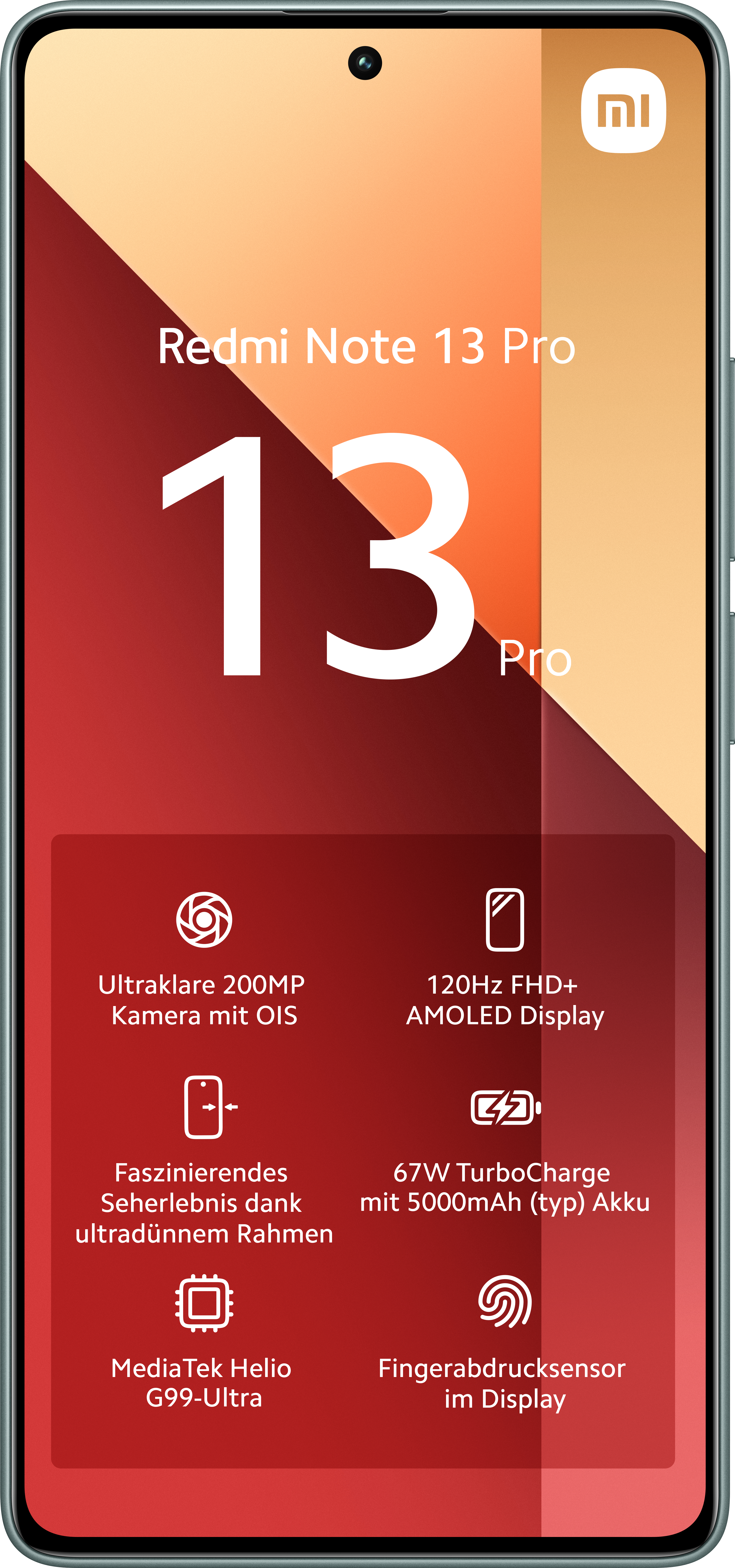Smartphone mit Bildschirm, der Funktionen anzeigt, roter Hintergrund. Text: Redmi Note 13 Pro. Funktionen sind aufgelistet.