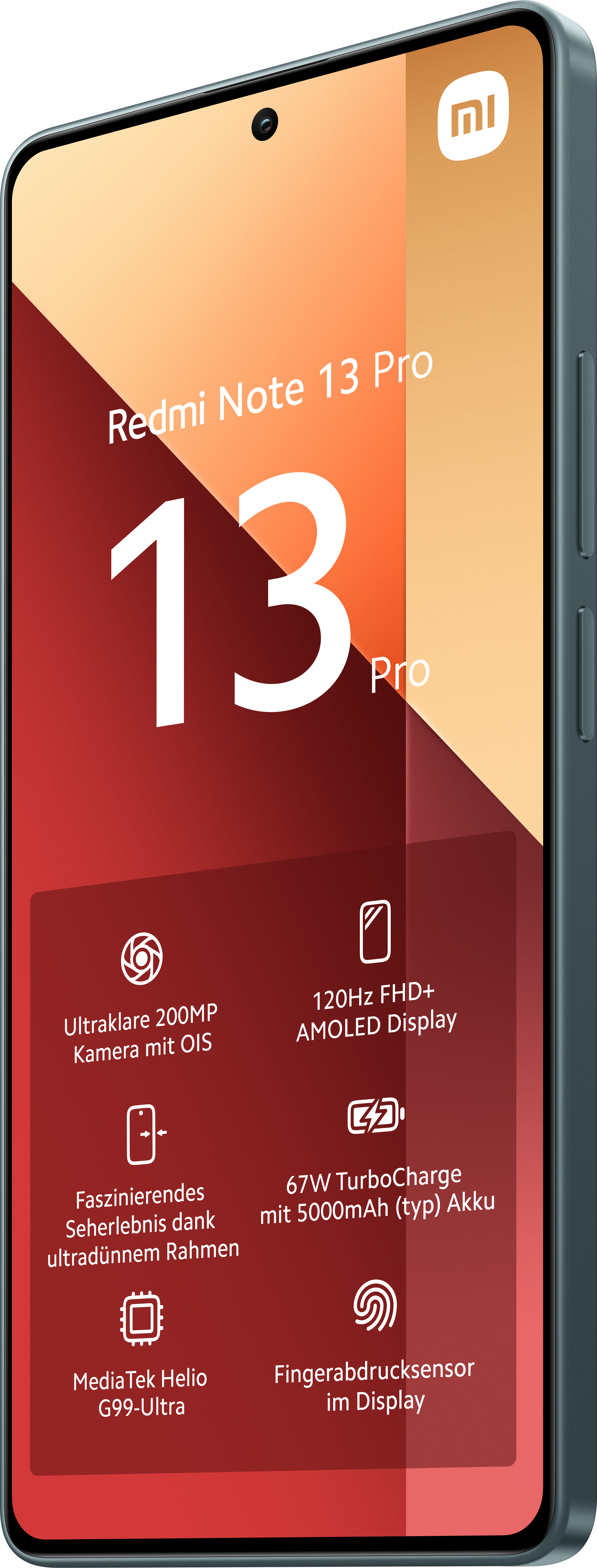 Redmi Note 13 Pro Telefon. Zeigt Funktionen: 200MP Kamera, 120Hz AMOLED Display.