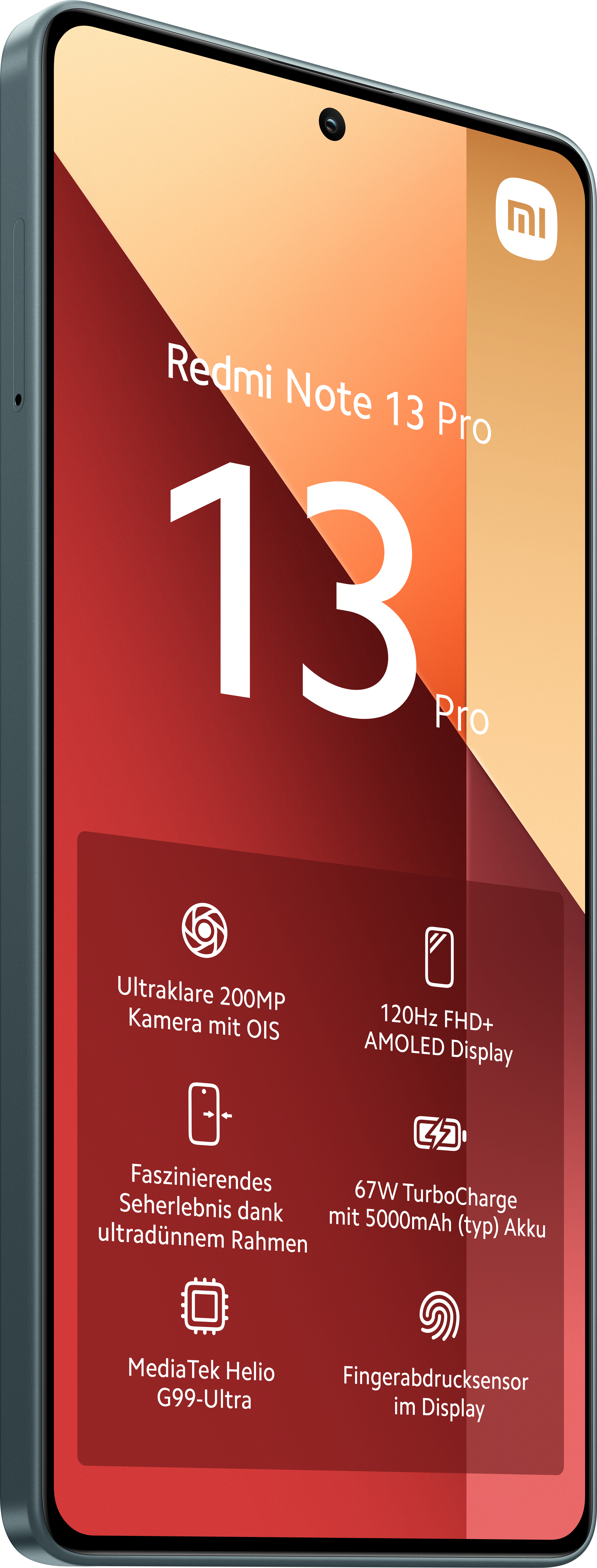 Ein blaues Telefon mit großem Bildschirm zeigt die Funktionen des Telefons in Textform.