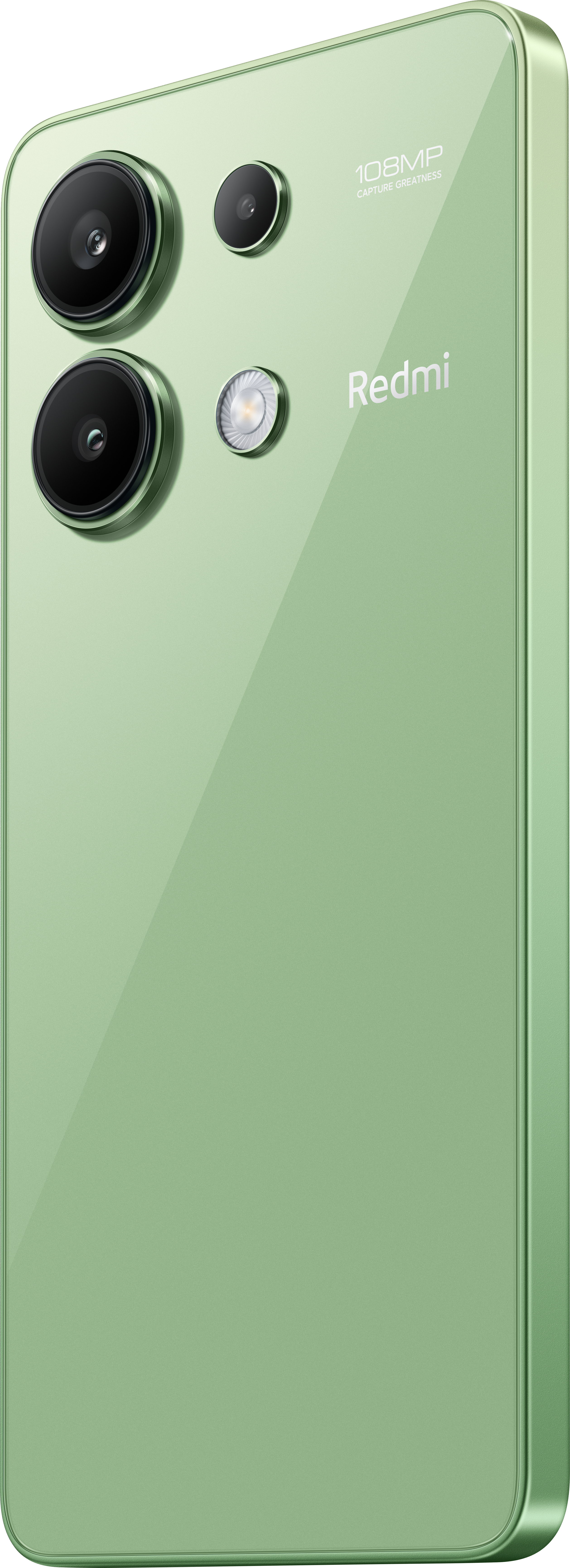 Grüne Smartphone-Rückseite mit Dreifachkamera, Redmi-Logo, 108MP-Detail.