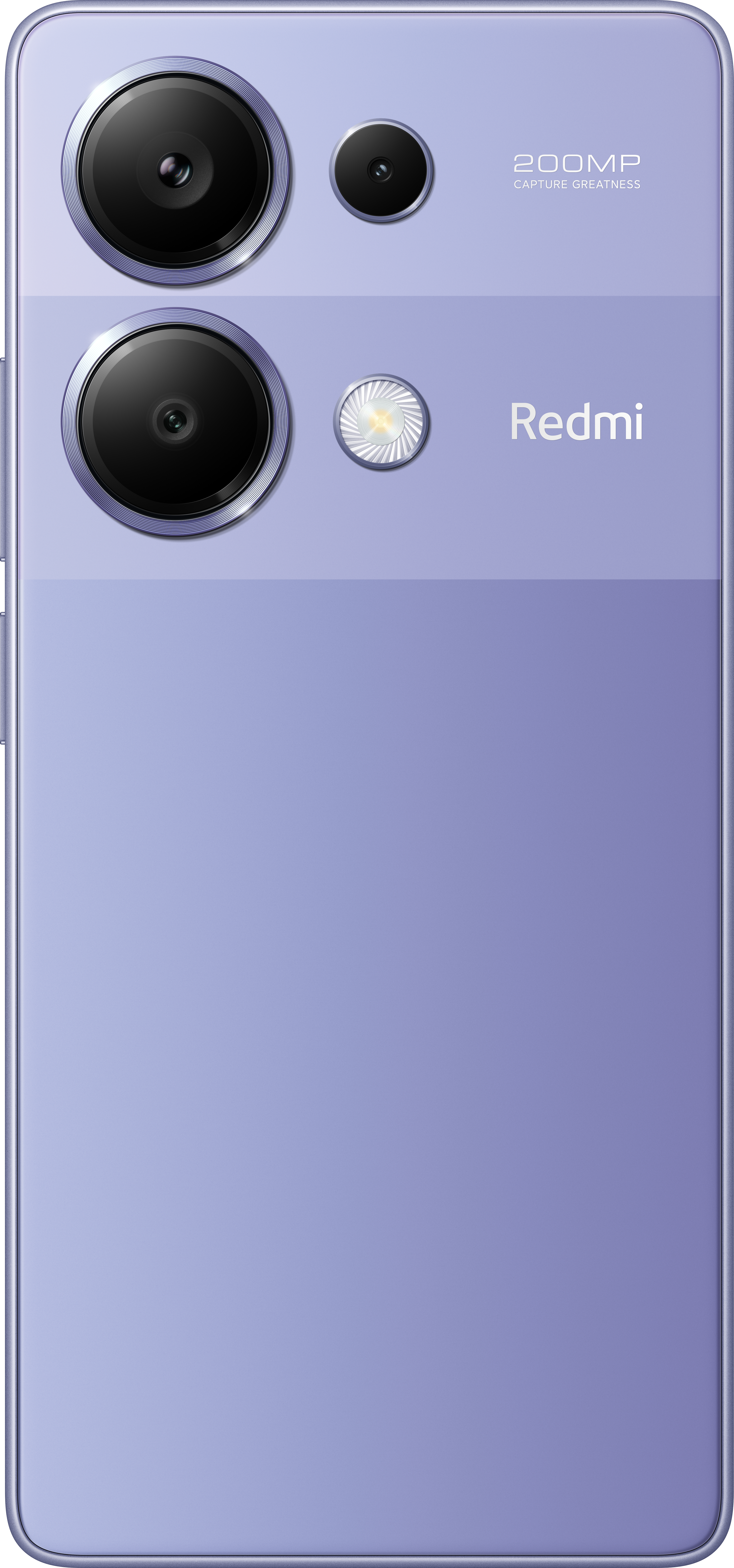 Lila Telefonrückseite, drei Kameras, Blitz und Redmi-Logo.