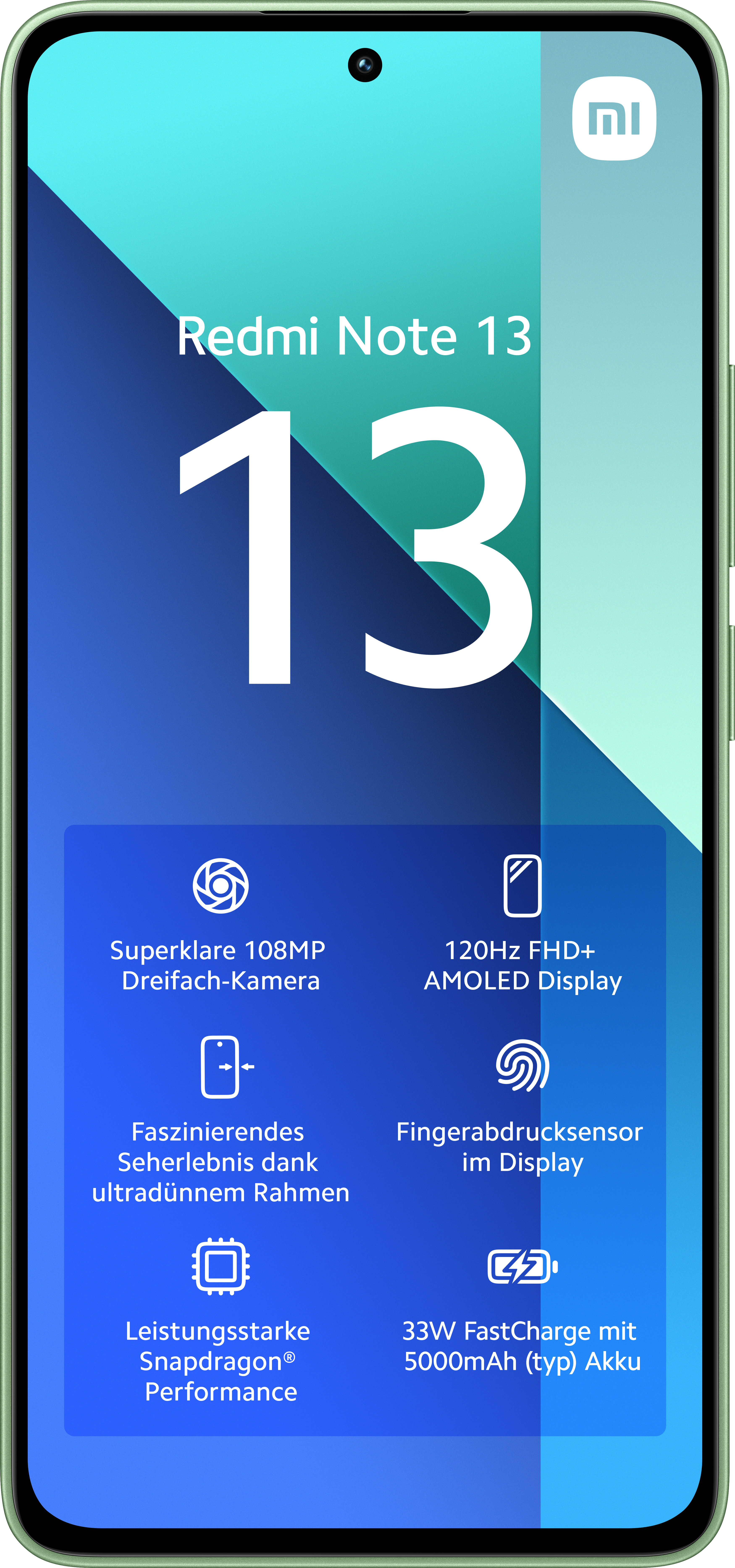 Grünes Redmi Note 13 Telefon mit Details auf dem Bildschirm und grünem Hintergrund.