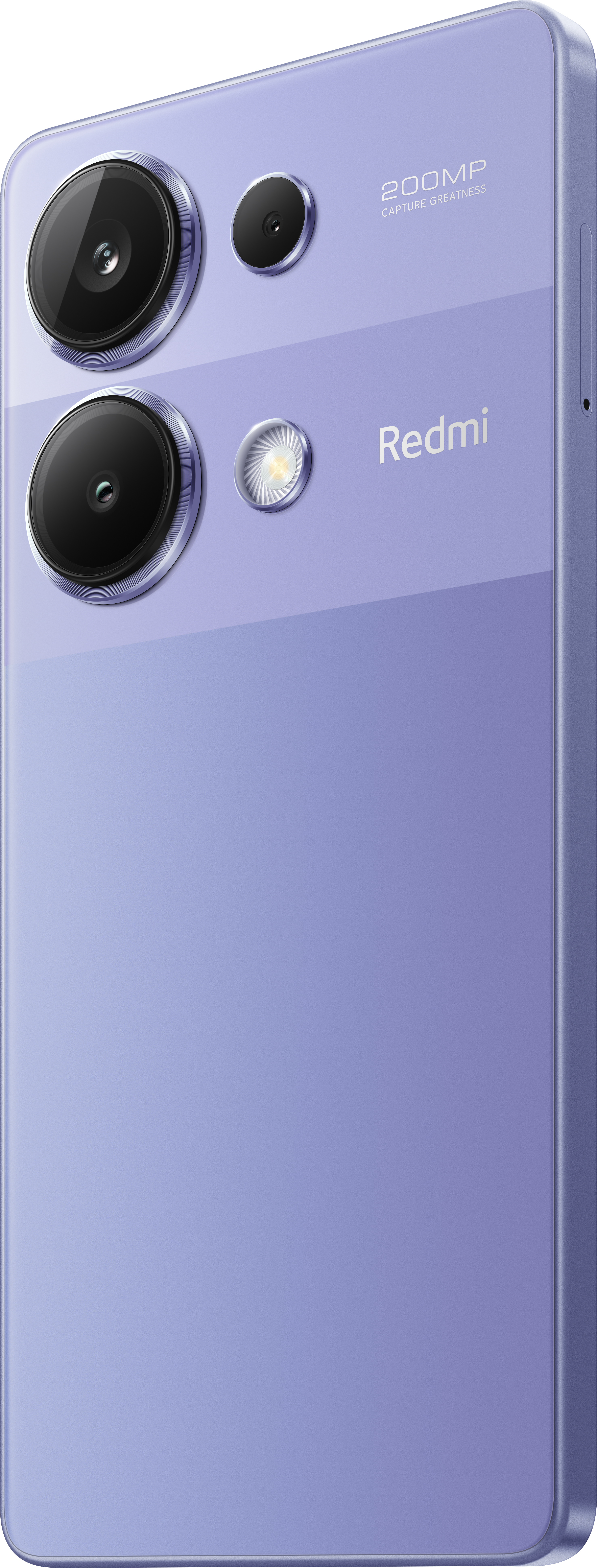 Lila Redmi-Telefon mit Kameras und Blitz. Die Rückseite des Telefons ist sichtbar. Redmi-Logo.