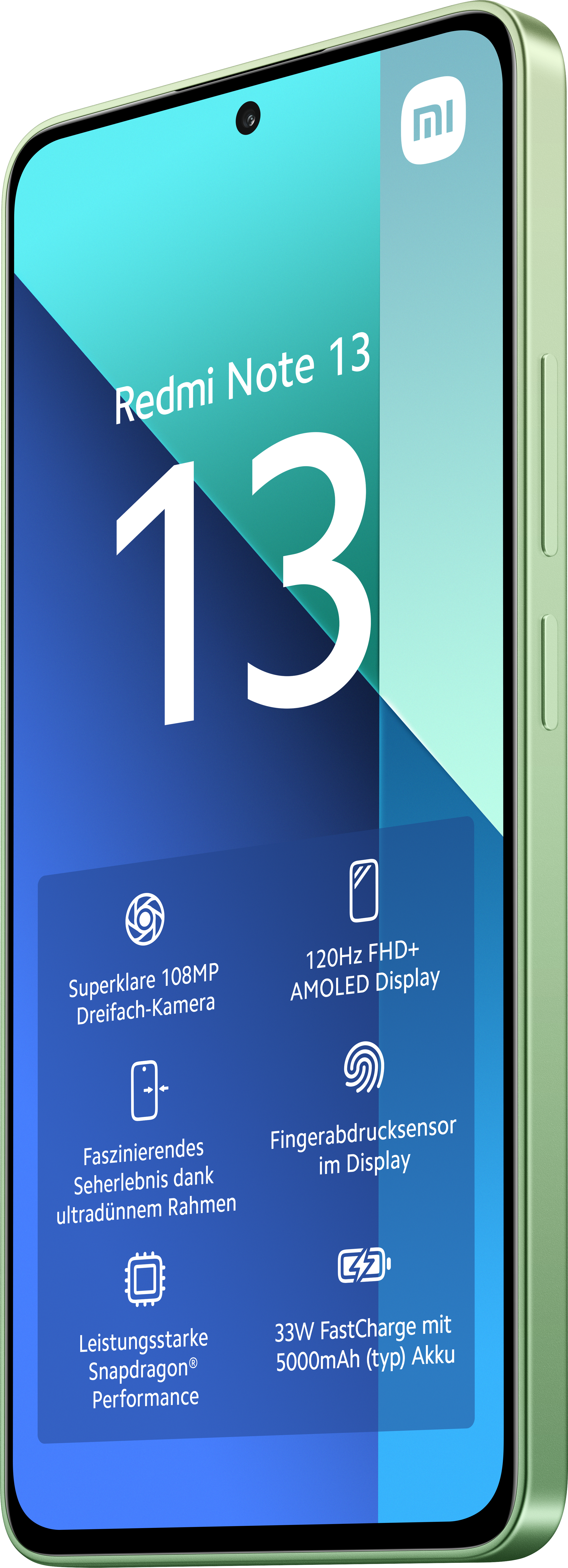 Grünes Smartphone mit Funktionen. Der Bildschirm zeigt 'Redmi Note 13' und Symbole.