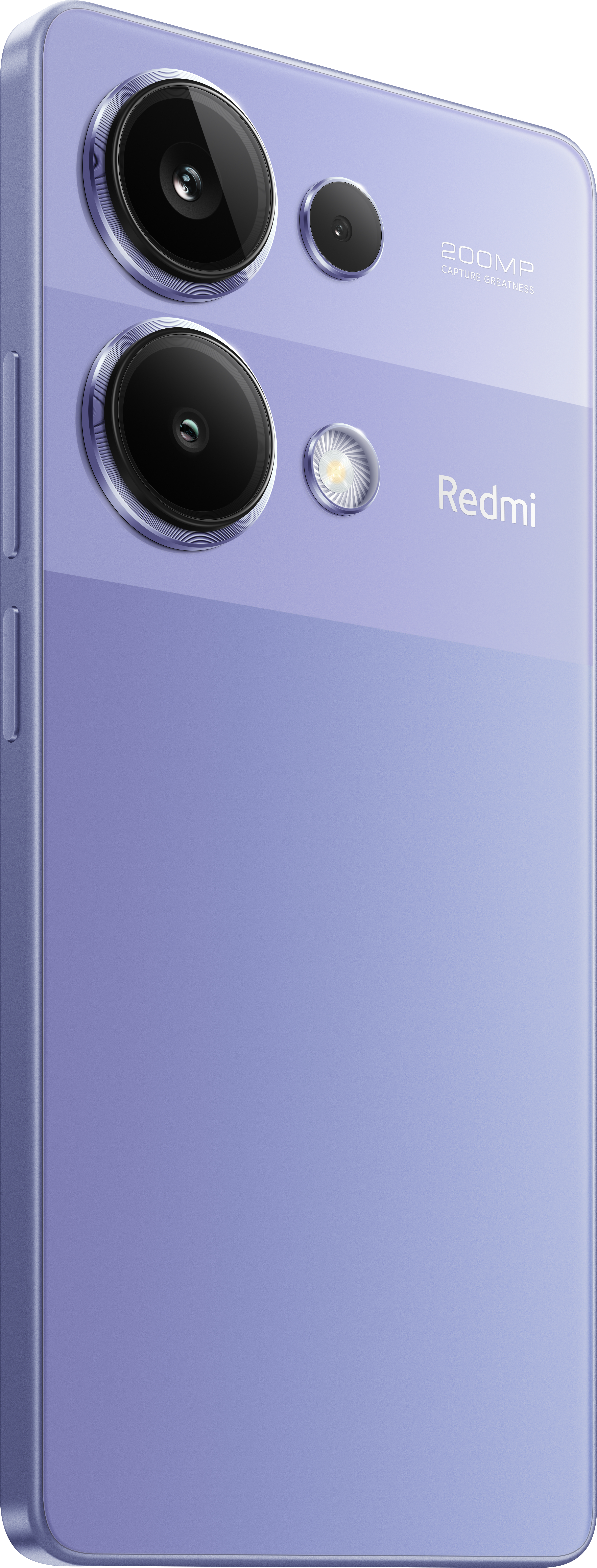 Lila Telefon mit drei Kameras auf der Rückseite, Redmi-Marke und Gradienten-Design.