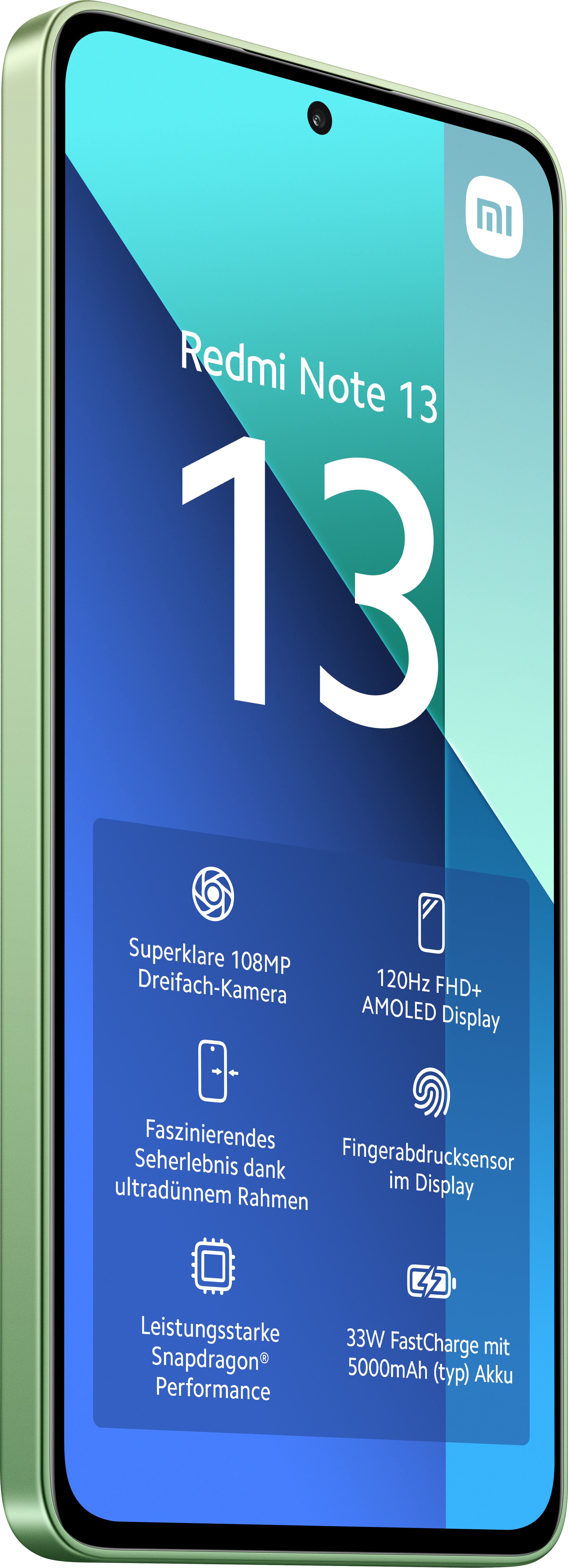 Grünes Redmi Note 13 Telefon. Der Bildschirm zeigt Spezifikationen und Funktionen auf Deutsch.