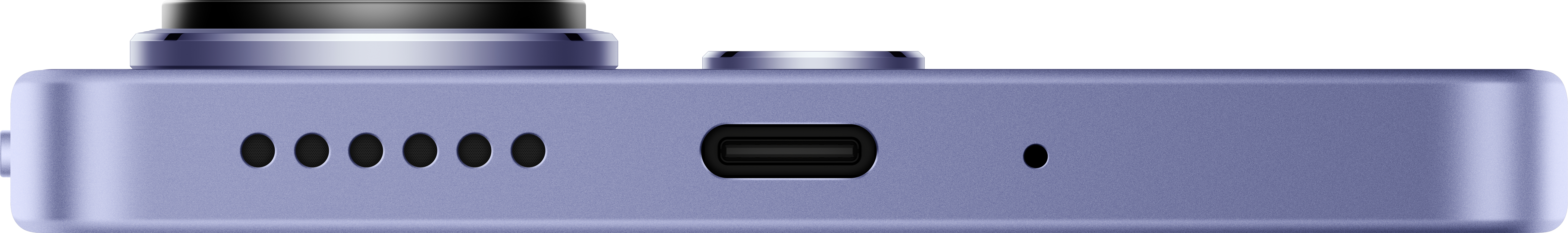 Seitenansicht eines violetten Smartphones mit Kameraobjektiven, Knöpfen und Ladeanschluss.