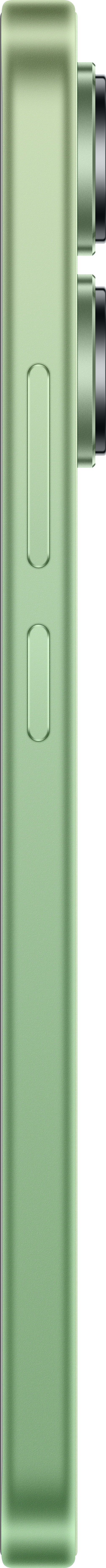 Grüne Telefon Seitenansicht. Knöpfe an der Seite. Grüne Farbe. Kameralinsen oben rechts sichtbar.