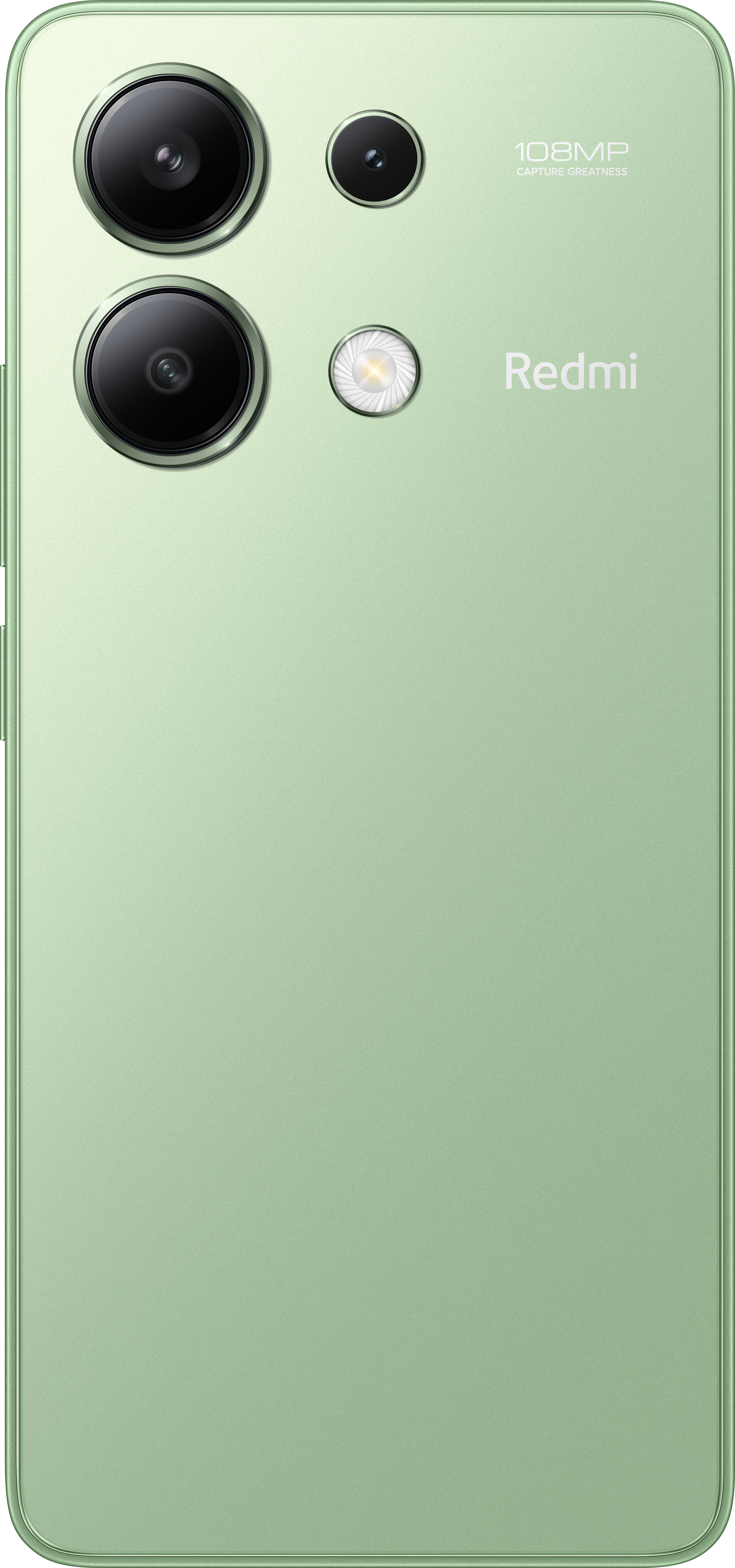 Grünes Redmi-Telefon, Rückansicht. Drei Kameras und ein Blitz sind sichtbar. Das Redmi-Logo ist zu sehen.