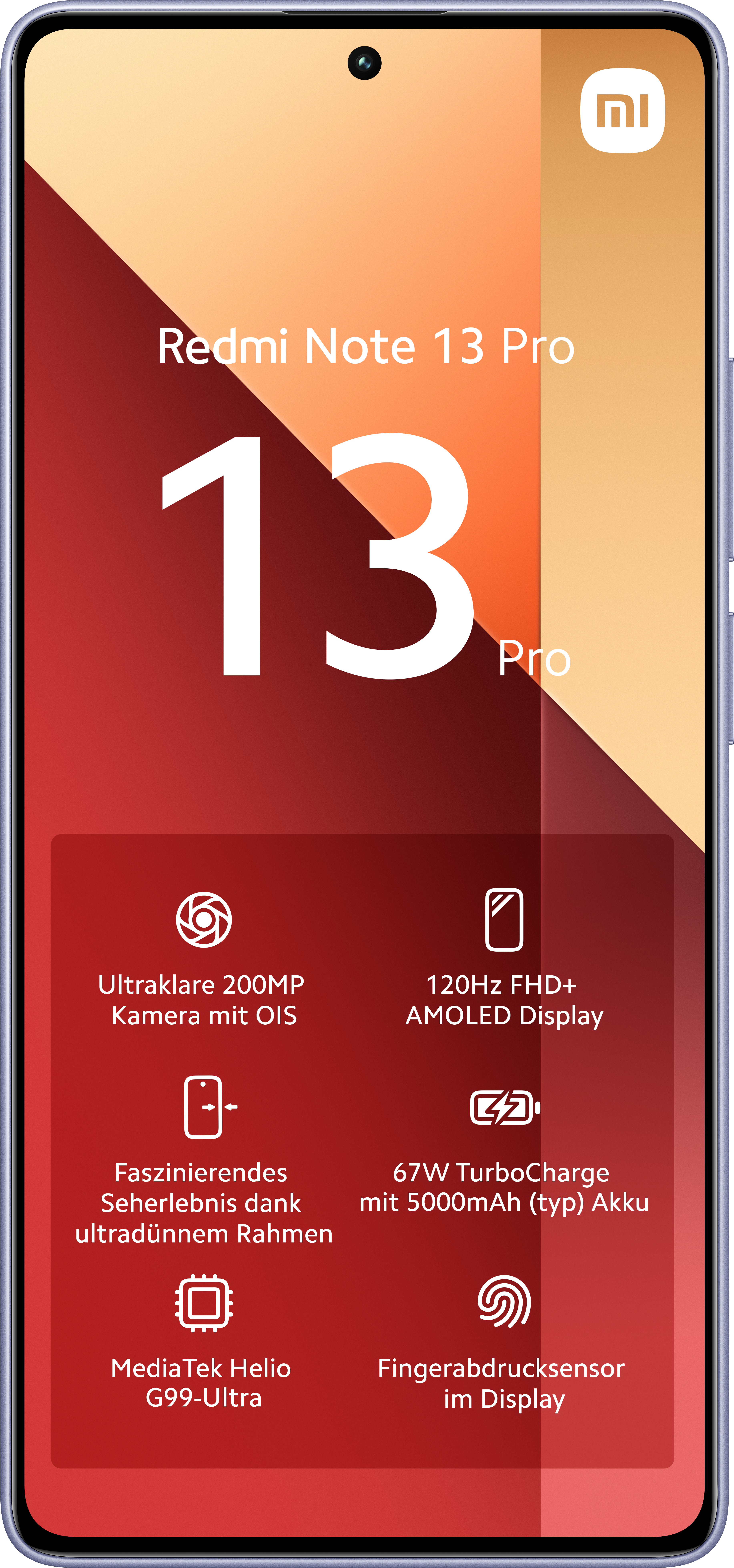 Ein Smartphone-Bildschirm mit Funktionen, großem '13' und 'Pro'. Grafiken zeigen Funktionen und Marke.