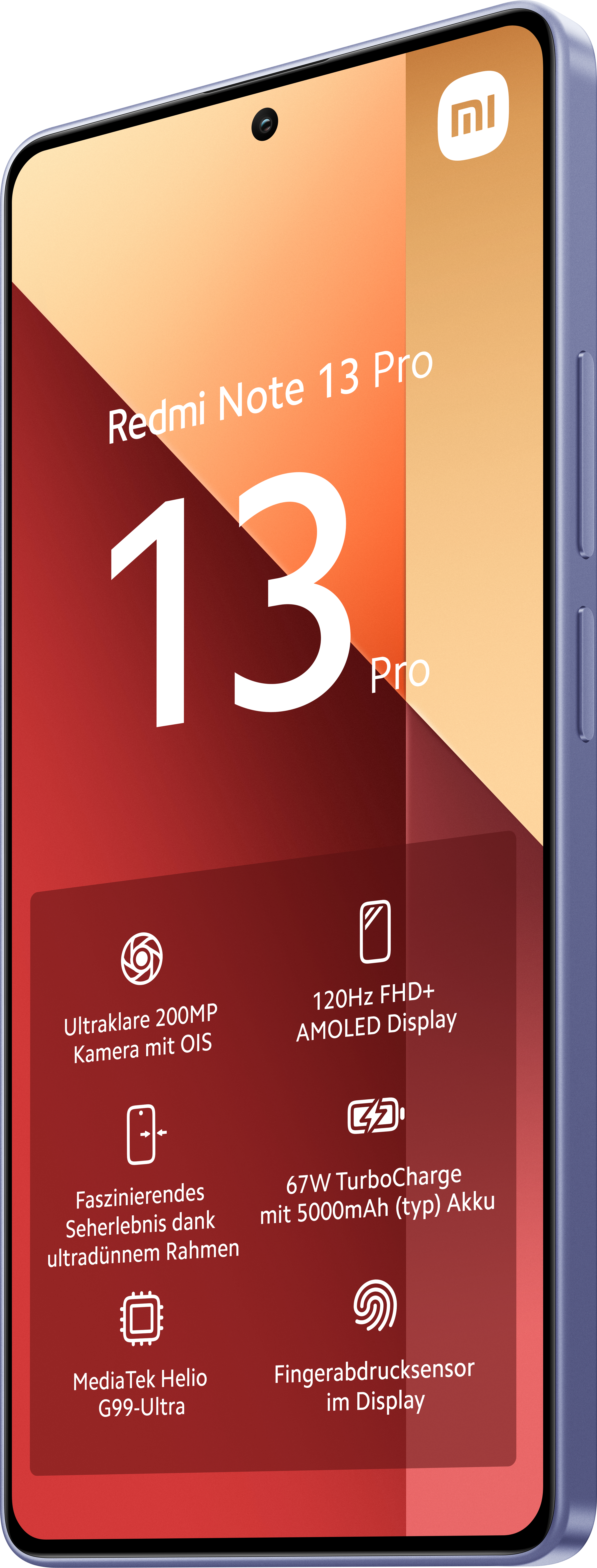 Blaues Smartphone mit großem Bildschirm zeigt Produktdetails.