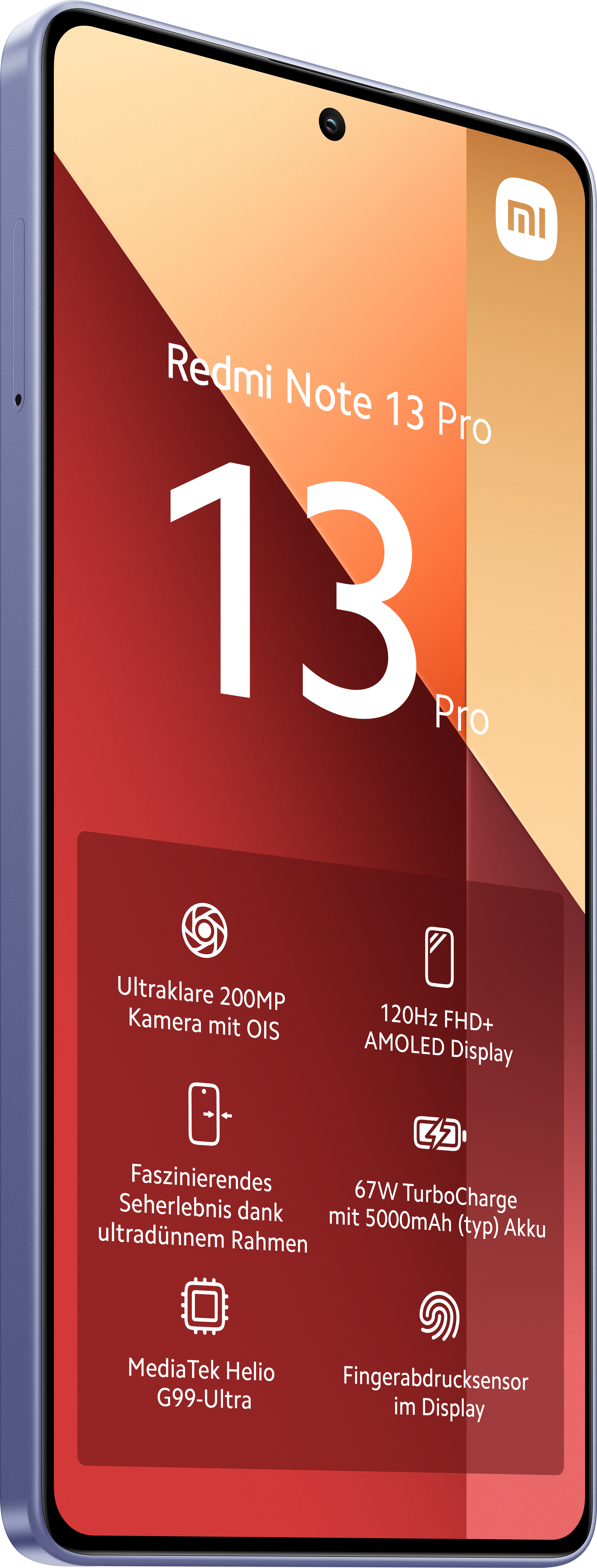 Redmi Note 13 Pro-Telefon, zeigt Bildschirmdetails und Spezifikationen.